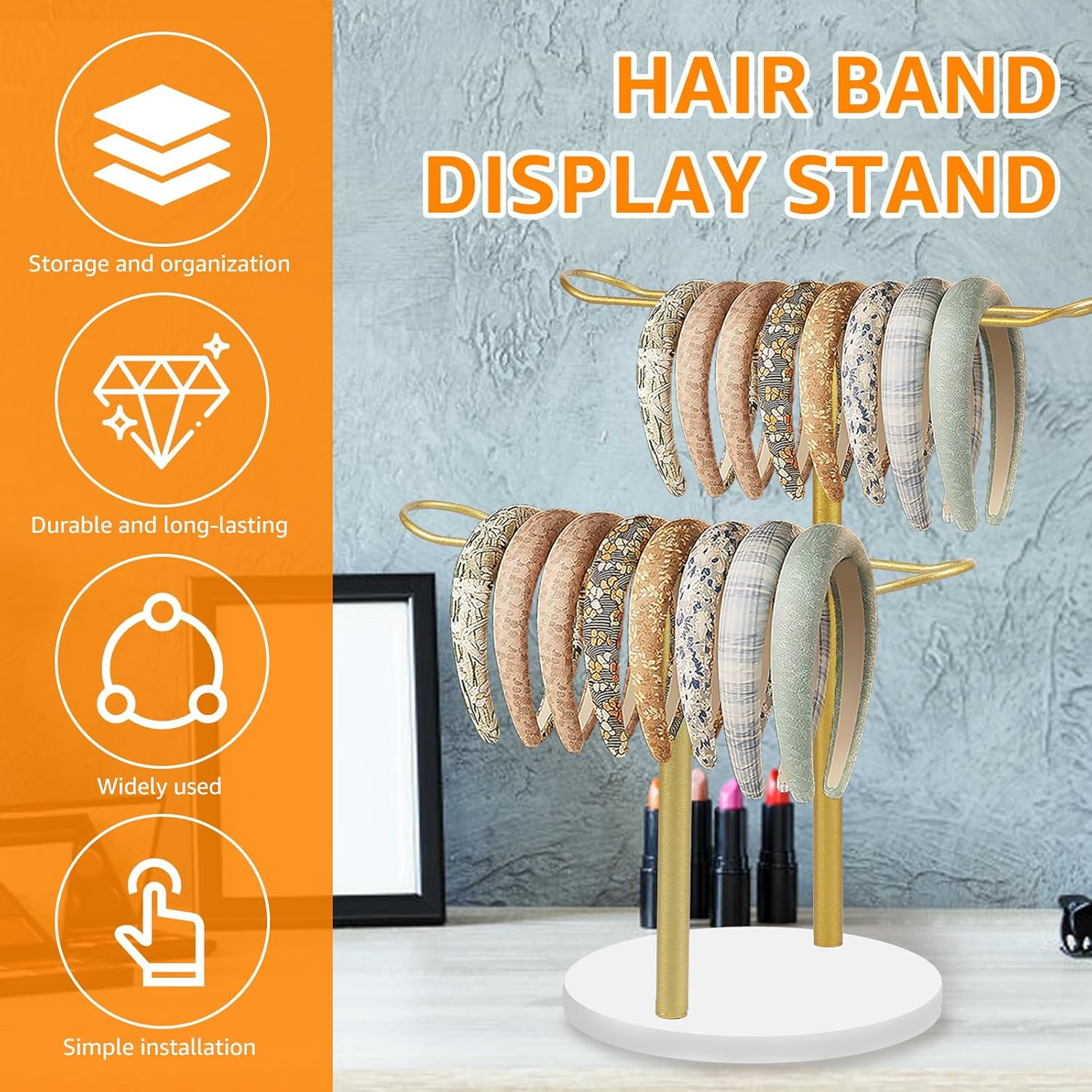 Headband Holder Organizer Metal, Hair Hoop Display Stand, Headband Organizer Storage with Base, Hair Accessories Display Rack, Bracelets Bangle Bedroom Storage Decor for Girls Women (Double Layer) image number 3