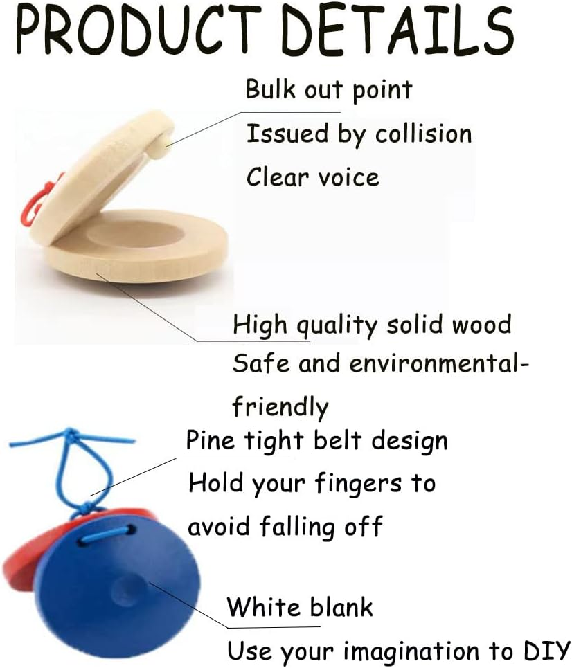 12 Pcs Musical Castanets Instrument, Clap Board Music Educational，Classroom DIY Wooden Percussion Instrument Finger Castanets(Blue and Red) - Wood Color image number 7