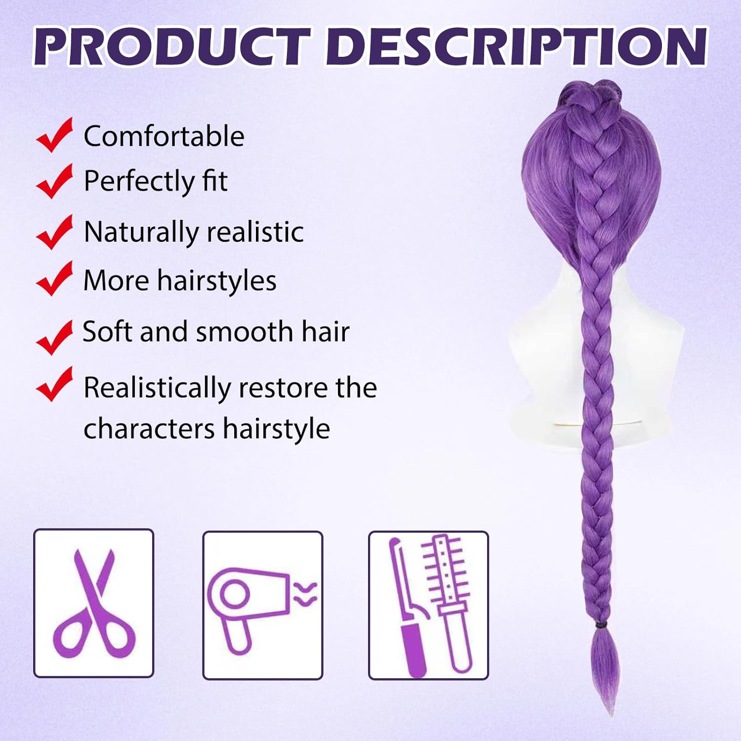 Long Purple Braided Wig, 47 Inches, Halloween Anime Costume Wig, Made of Heat-Resistant Synthetic Fiber, Ideal as a Halloween Cosplay Prop, Suitable as a Women or Girls (A) image number 1
