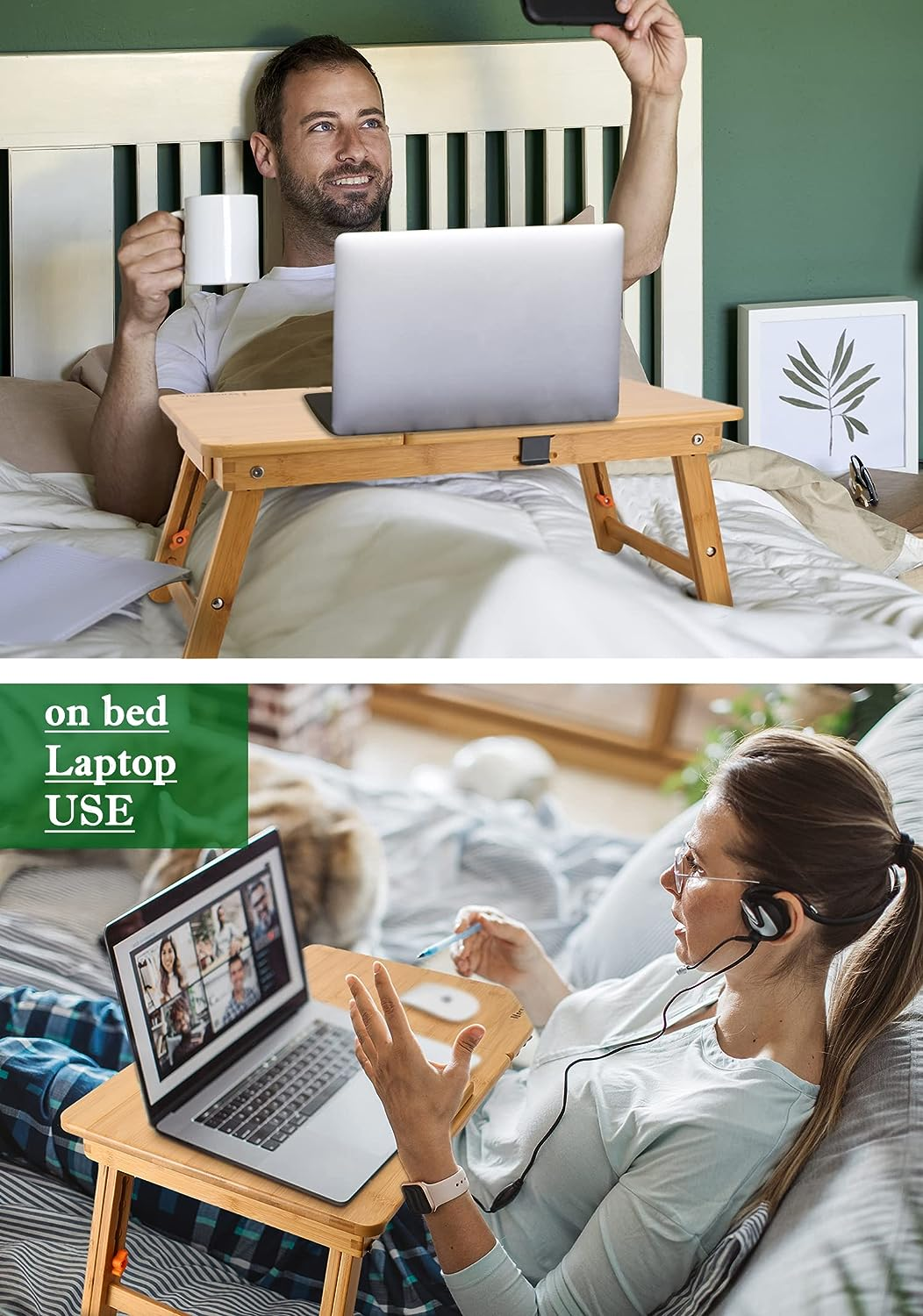 Laptop Desk Nnewvante Table Adjustable 100% Bamboo Foldable Breakfast Serving Bed Tray W' Tilting Top Drawer