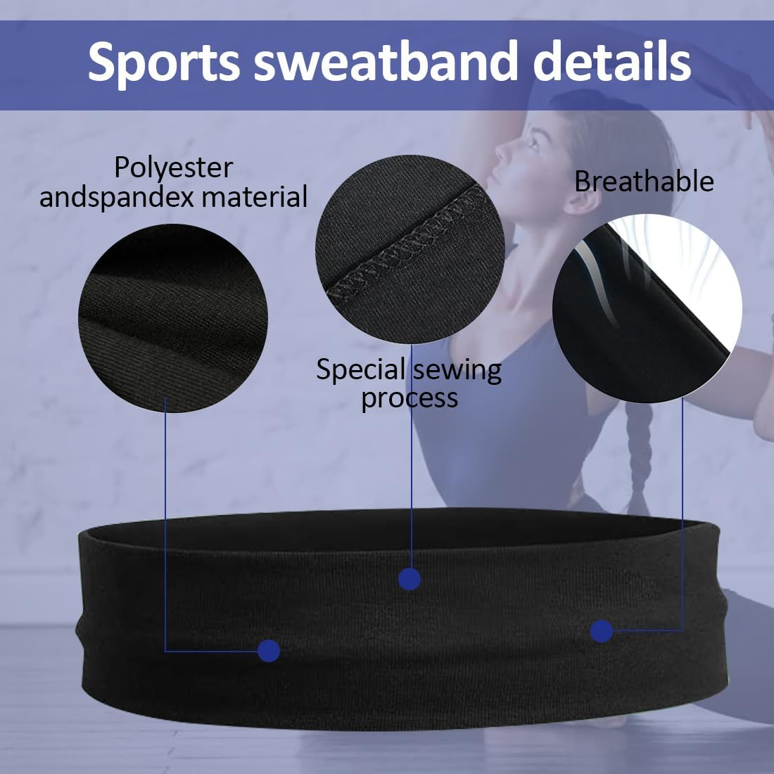 BIRLOZA Pack of 3 Hair Bands, Black, 7 Cm Wide Hair Band, Elastic Headband, Non-Slip Headband for Running, Cycling, Yoga, Fitness image number 1