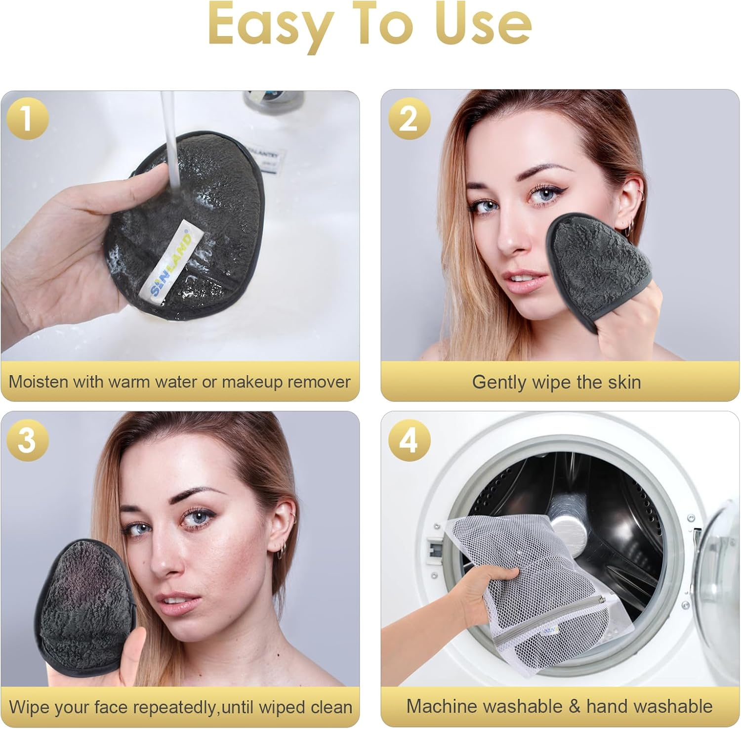 SINLAND 6 Pack Microfiber Makeup Remover Pads Reusable Makeup Eraser Washable Facial Cleansing Pads with Laundry Bag Dark Grey image number 2