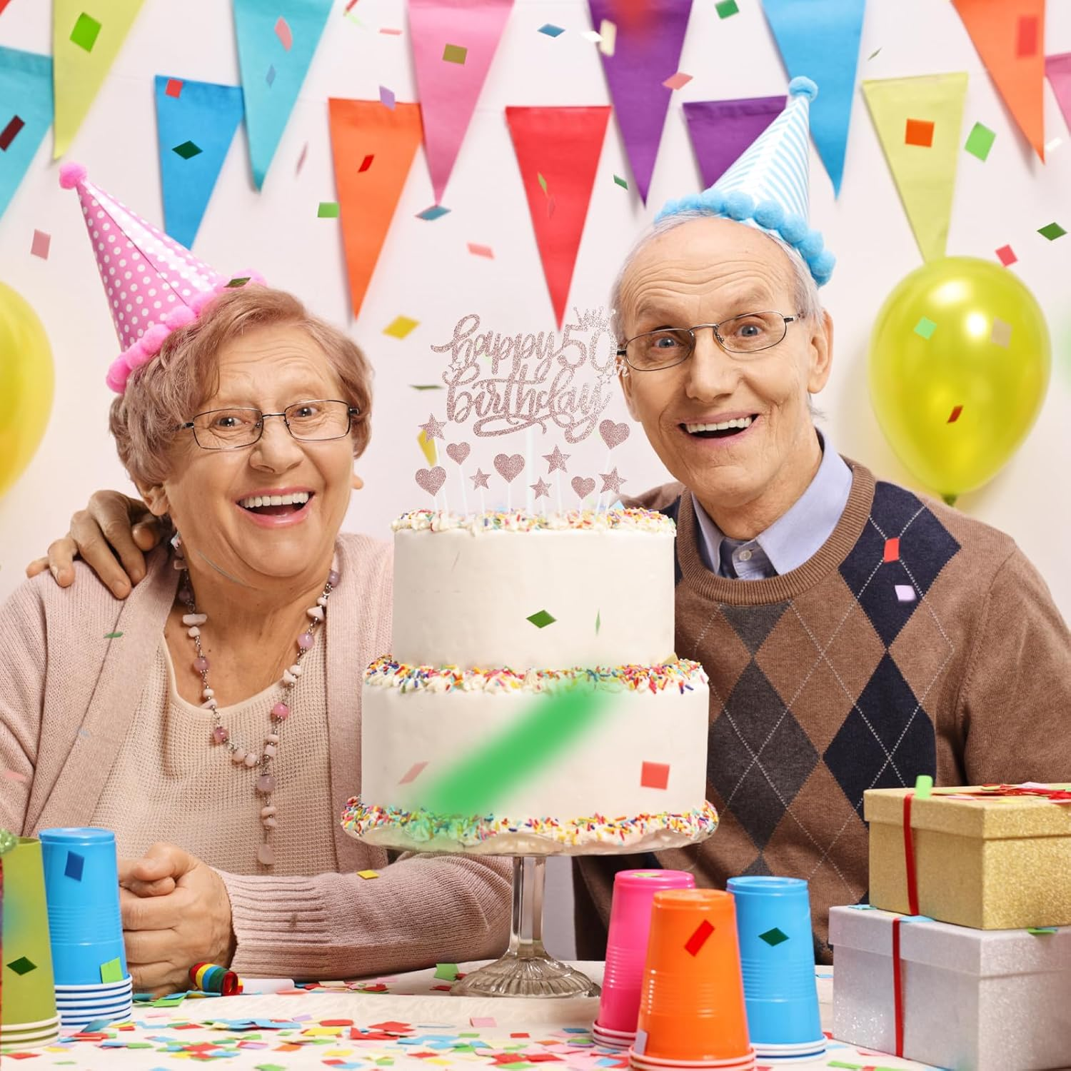 Birthday Decorations - Happy 50Th Birthday Cake Toppers Set (Rose Gold Glitter Heart & Stars) Birthday Gifts for Women Cake Decor for Women&rsquo;S 50Th Birthday Party image number 4