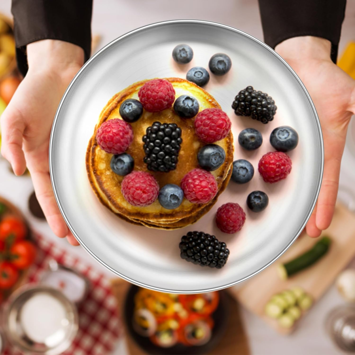 E-Far 6-Piece Stainless Steel Plates, 9 Inch Metal Dinner Plates Dishes for Home, Picnic, Outdoor Camping, Healthy & Non-Toxic, Shatterproof & Dishwasher Safe image number 2