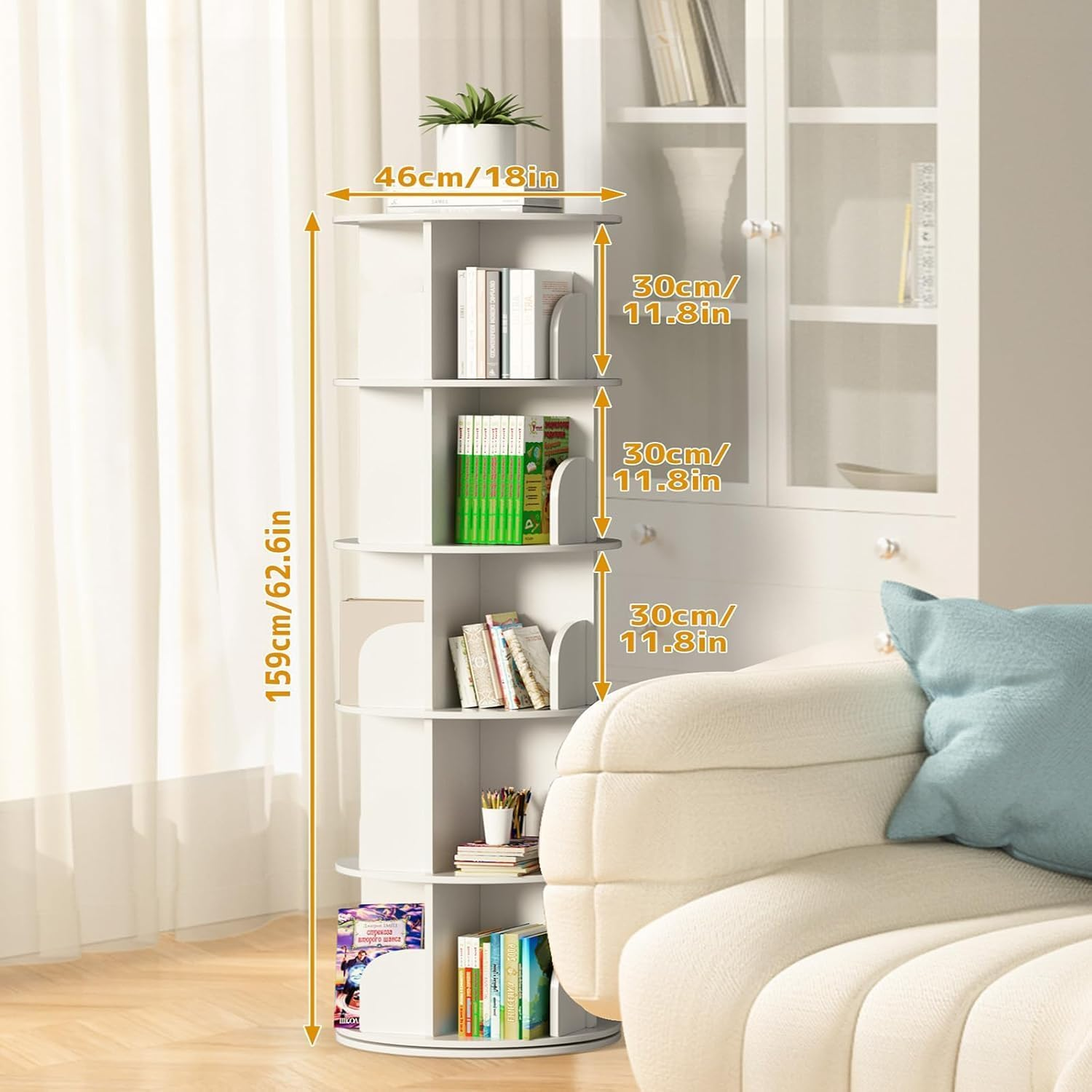 Lehom 5 Tier Rotating Bookshelf, 360&deg; round Spinning Bookcase, Floor Standing Revolving Book Shelf Tower, 160Cm Tall Circle Swivel Bookcase for Small Space, Bedroom, Study Room, White image number 6