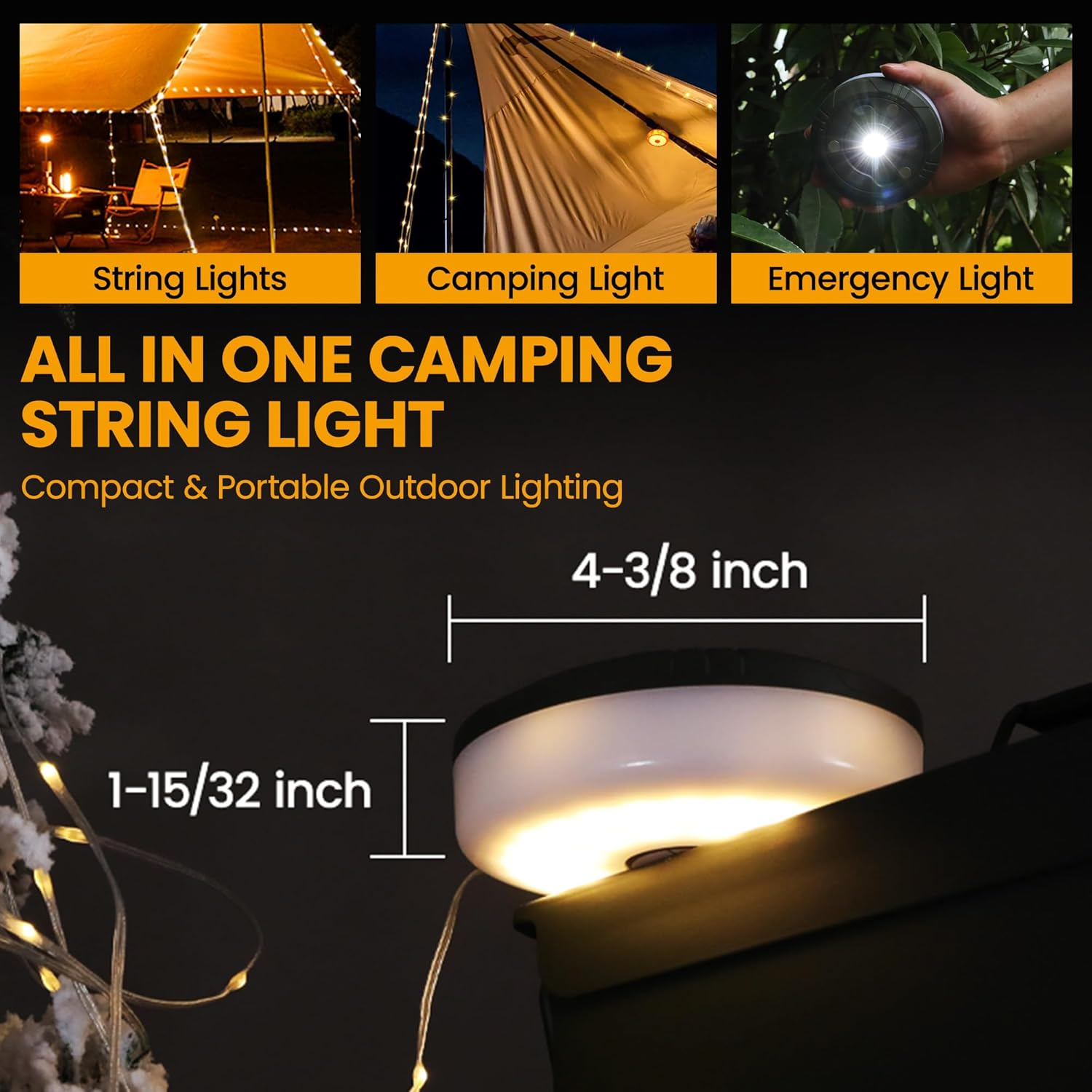 Everbrite Camping String Lights Rechargeable LED Camping Lamp, 9 M Outdoor Tent Lights 8 Lighting Modes, USB Charging RGB Modes Hanging Light for Awning Tent/Garden/Party/Christmas Festival Decor