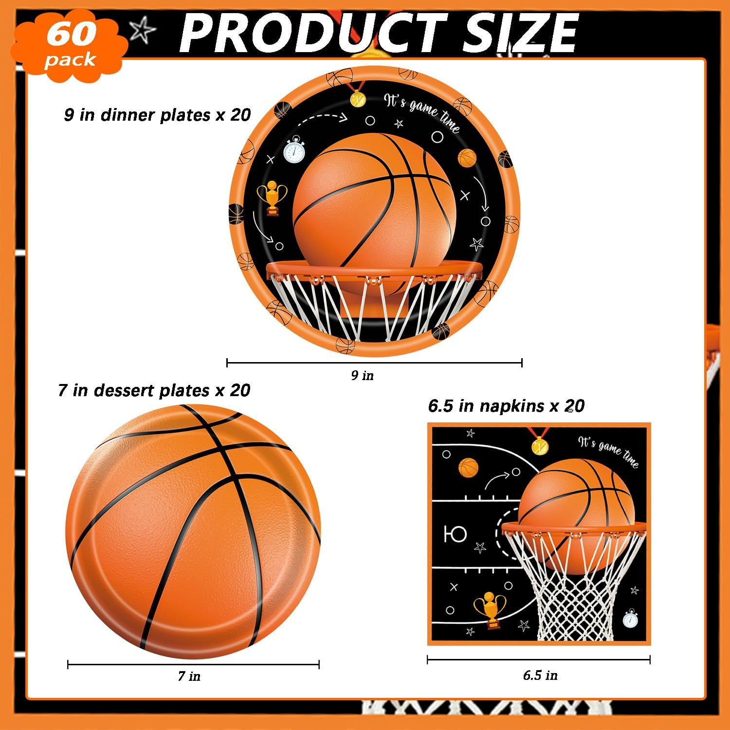 60 Pcs Basketball Paper Plates and Napkins Disposable Birthday Party Plates Dinner Dessert Tableware Supplies for Kids Basketball Birthday Sports Themed Party Decorations Serve 20 - Independence Day image number 6