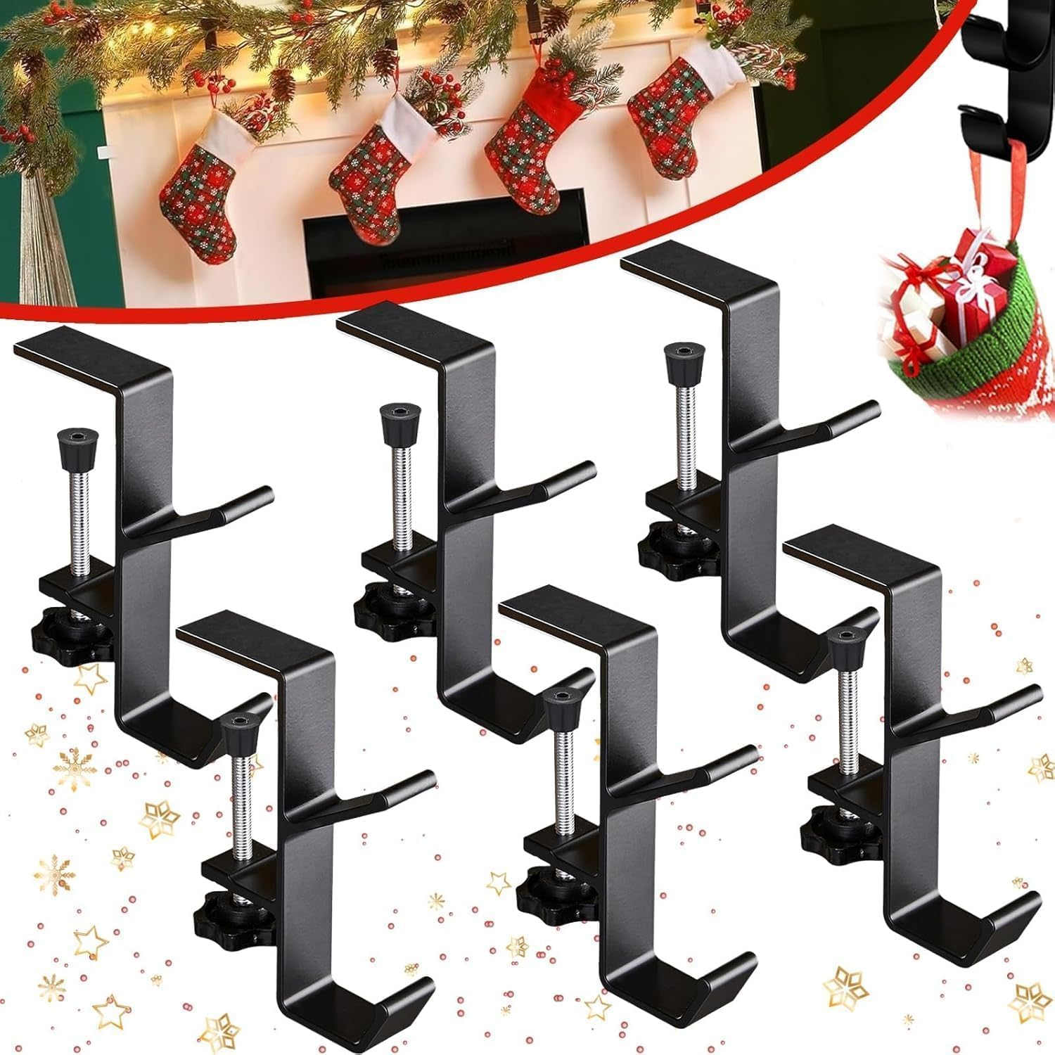 Fireplace Stocking and Garland Hanger, 2 in 1 Garland Stocking Hangers, Christmas Hooks Stocking Holders for Mantle Garland Hanger Mantle Hooks for Home Party Decoration (Black, 6Pcs) image number 4