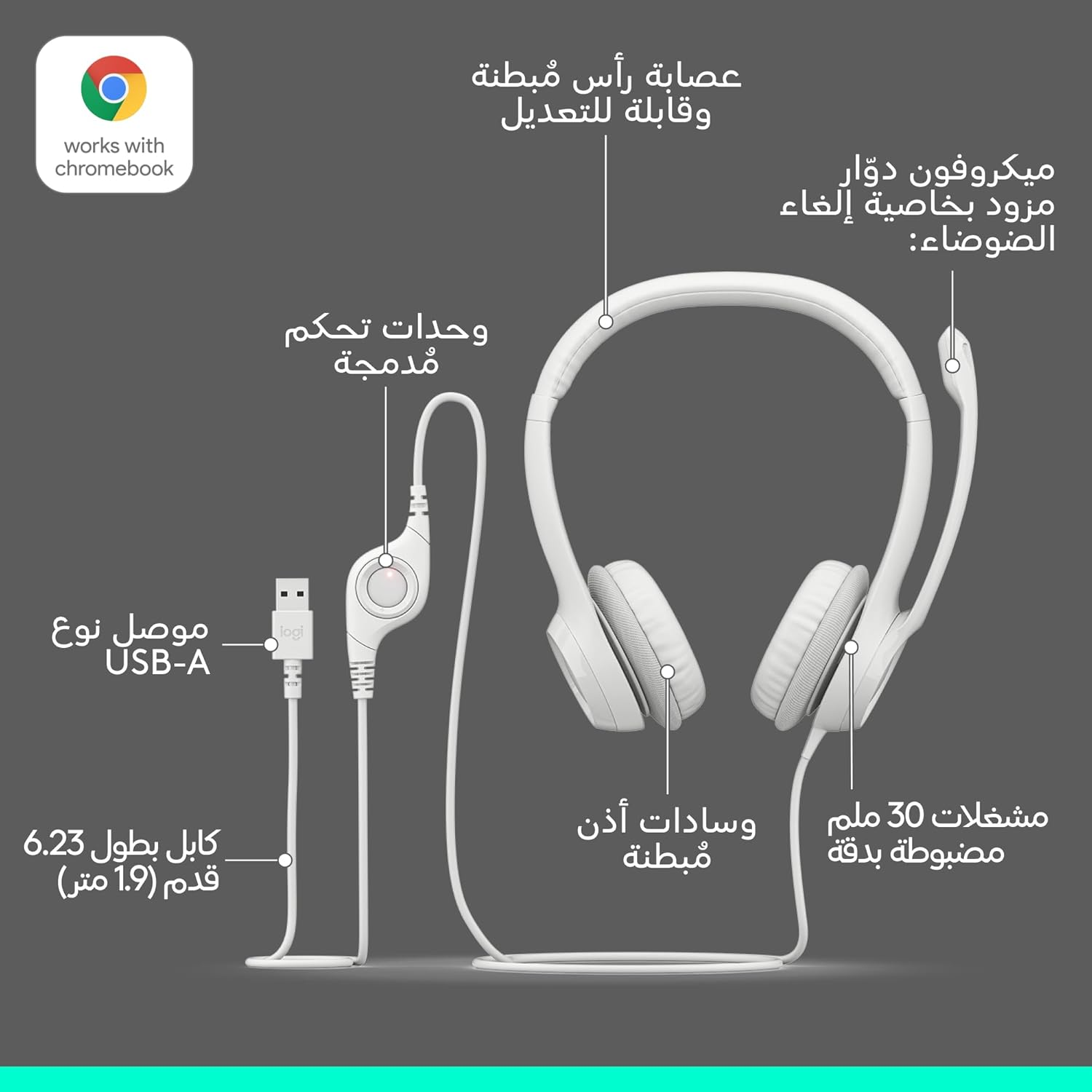 Logitech H390 Wired Headset for Pc/Laptop, Stereo Headphones with Noise Cancelling Microphone, USB-A, In-Line Controls, Works with Chromebook - off White