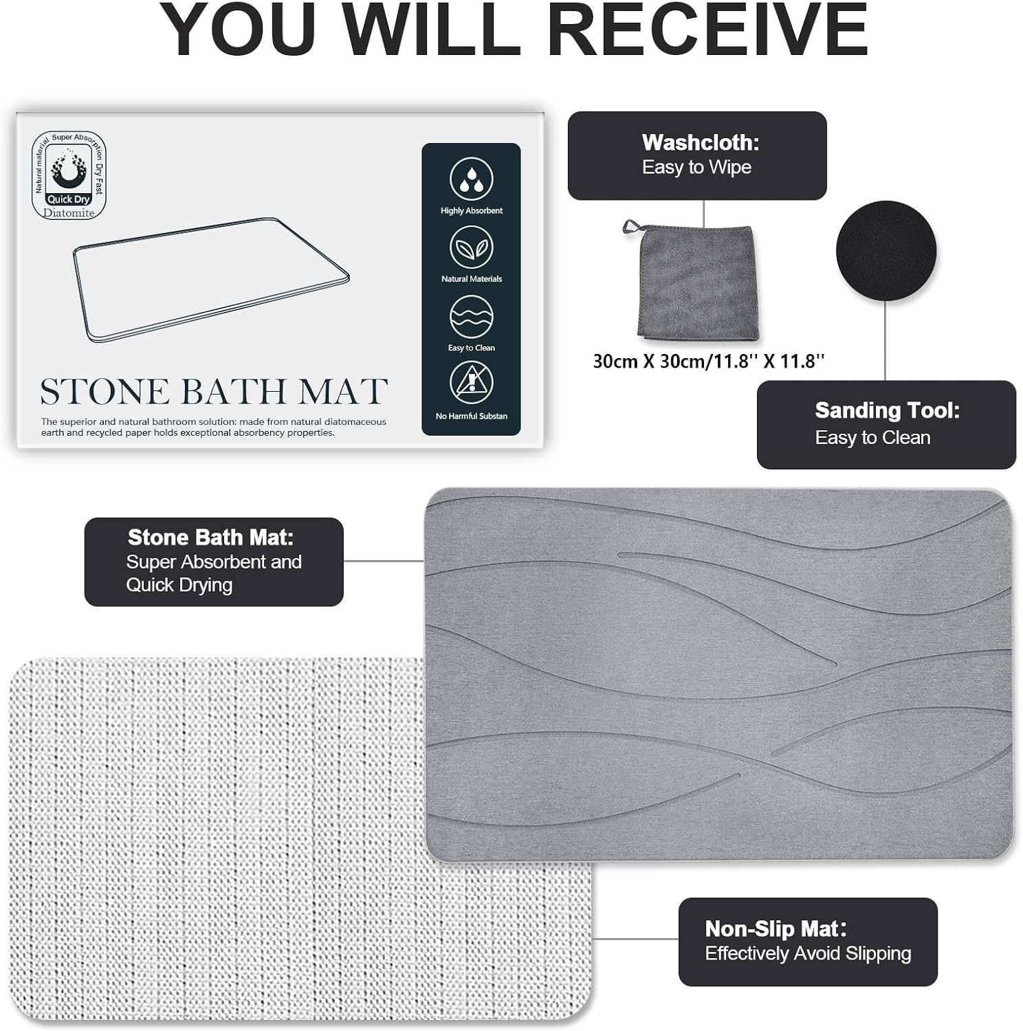 Heyolo Stone Bath Mat Diatomaceous Earth Bath Mat 60X39Cm Non Slip Super Absorbent Bath Mats for Bathroom Quick Dry Diatomite Stone Shower Mat for Kitchen Bathtub, Easy to Clean, Light Gray 2 Pack image number 5