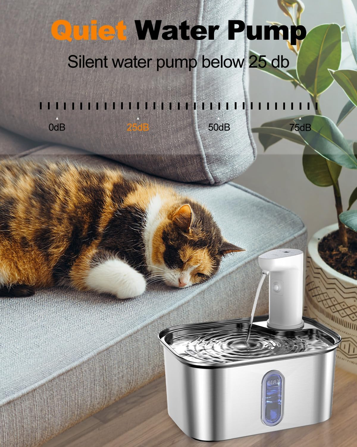 Oolong Cat Water Fountain,Automatic Wireless Pet Water Fountain Stainless Steel with Motion Sensor,3L Ultra Quiet Cat Drinking Fountain Battery Operated with Water Level Window,3 Modes and 3 Filters image number 4