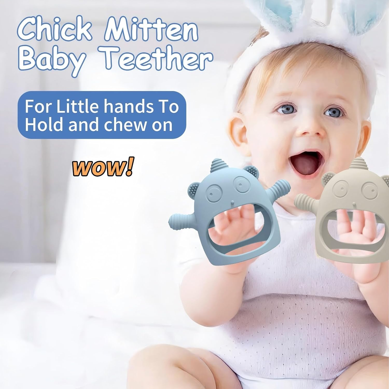 2 Pack Baby Teething Toy for 6-24 Months, Food Grade Silicone Unicorn Teething Mitten, BPA Free, Baby Chew Toys for Sucking Needs, Soothing Teething Pain Relief (Unicorn Beige & Gray Blue) image number 4