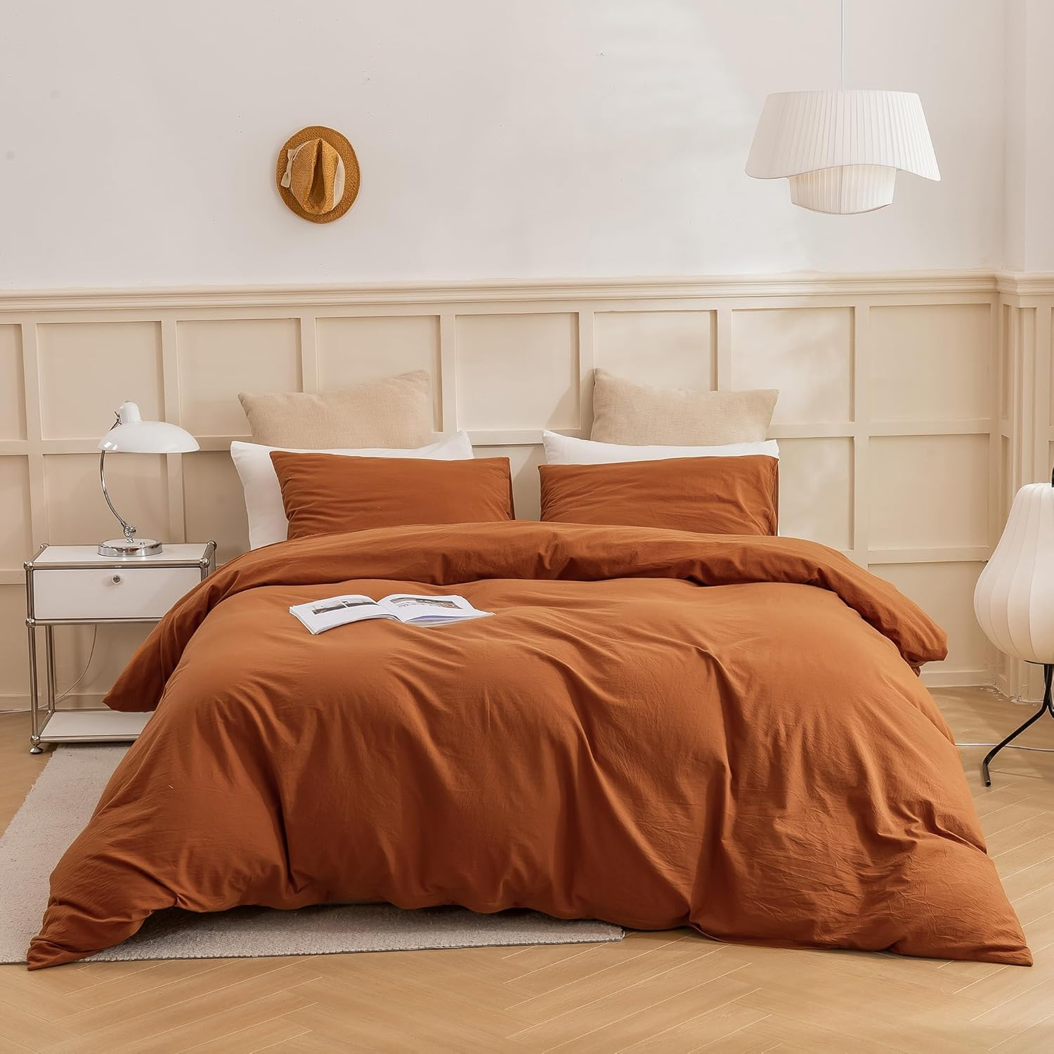 ECOCOTT 3 Pieces Duvet Cover Set Queen 100% Washed Cotton 1 Duvet Cover with Zipper and 2 Pillowcases, Ultra Soft and Easy Care Breathable Cozy Simple Style Bedding Set (Avocado Green)