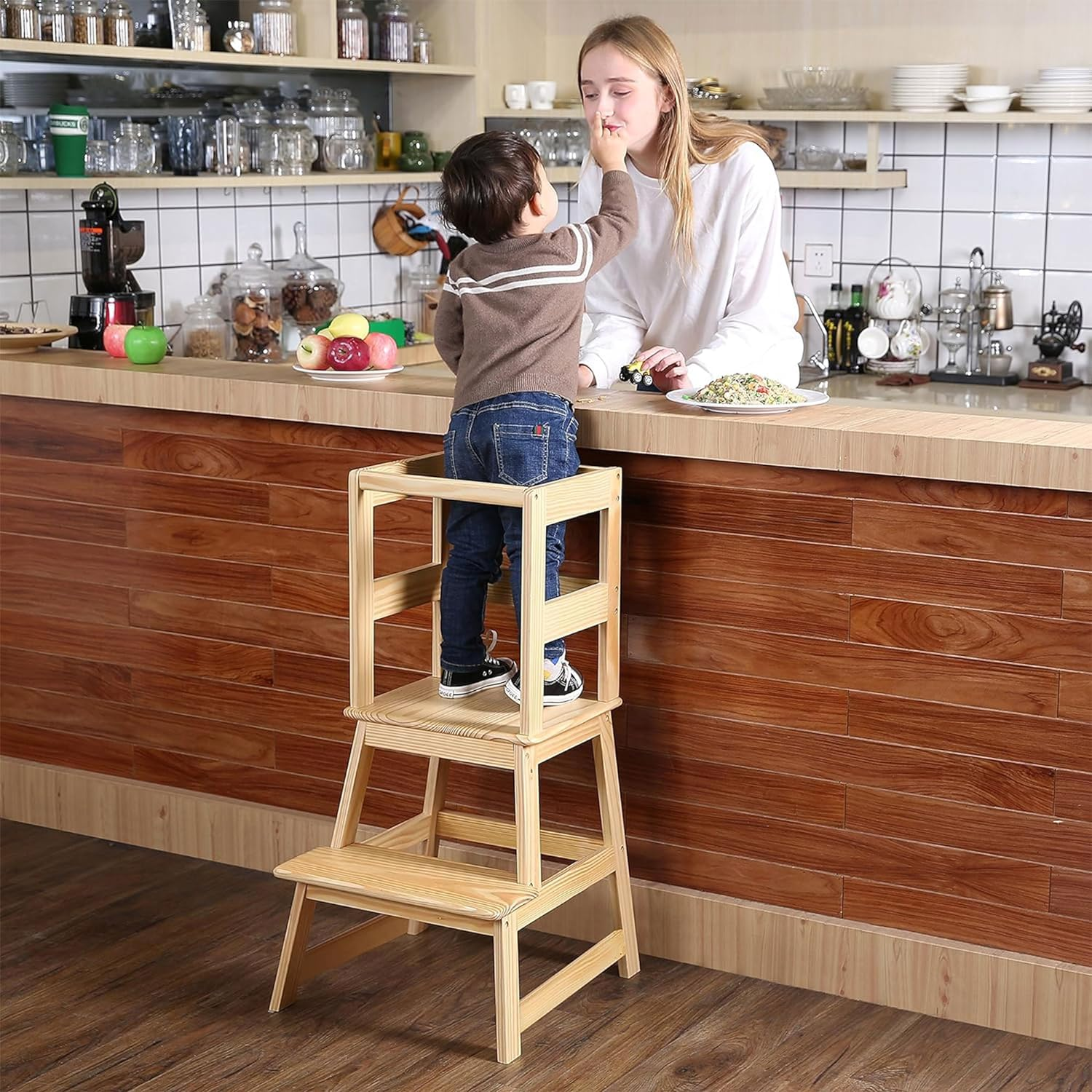 SDADI Kids Kitchen Step Stool with Safety Rail - for Toddlers 18 Months and Older, Natural LT01N
