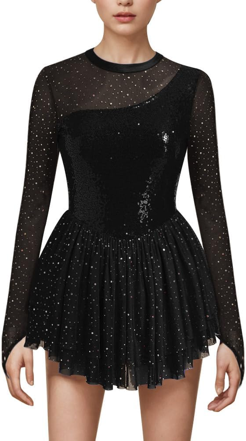 AFAVOM Sequin Figure Skating Dress for Women Long Sleeve Shiny Mesh Rhinestone Ice Skating Dress Ballet Lyrical Dancewear