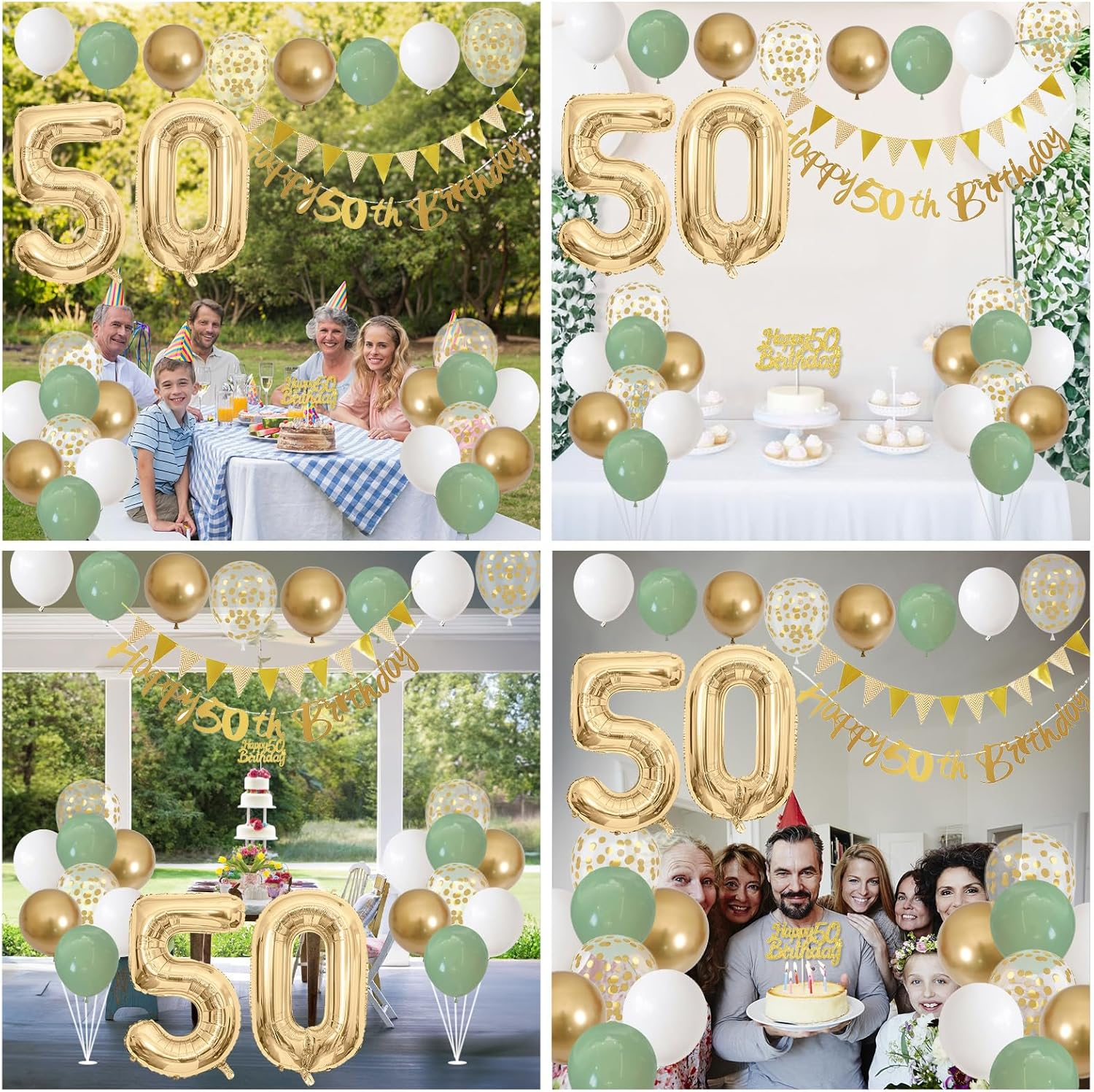 Sage Green 50Th Birthday Decoration with Banner, Garland, Number 50 Balloons, Cake Decoration, Gold Party Balloons for 50 Years Celebration - 18Th Green Gold image number 6
