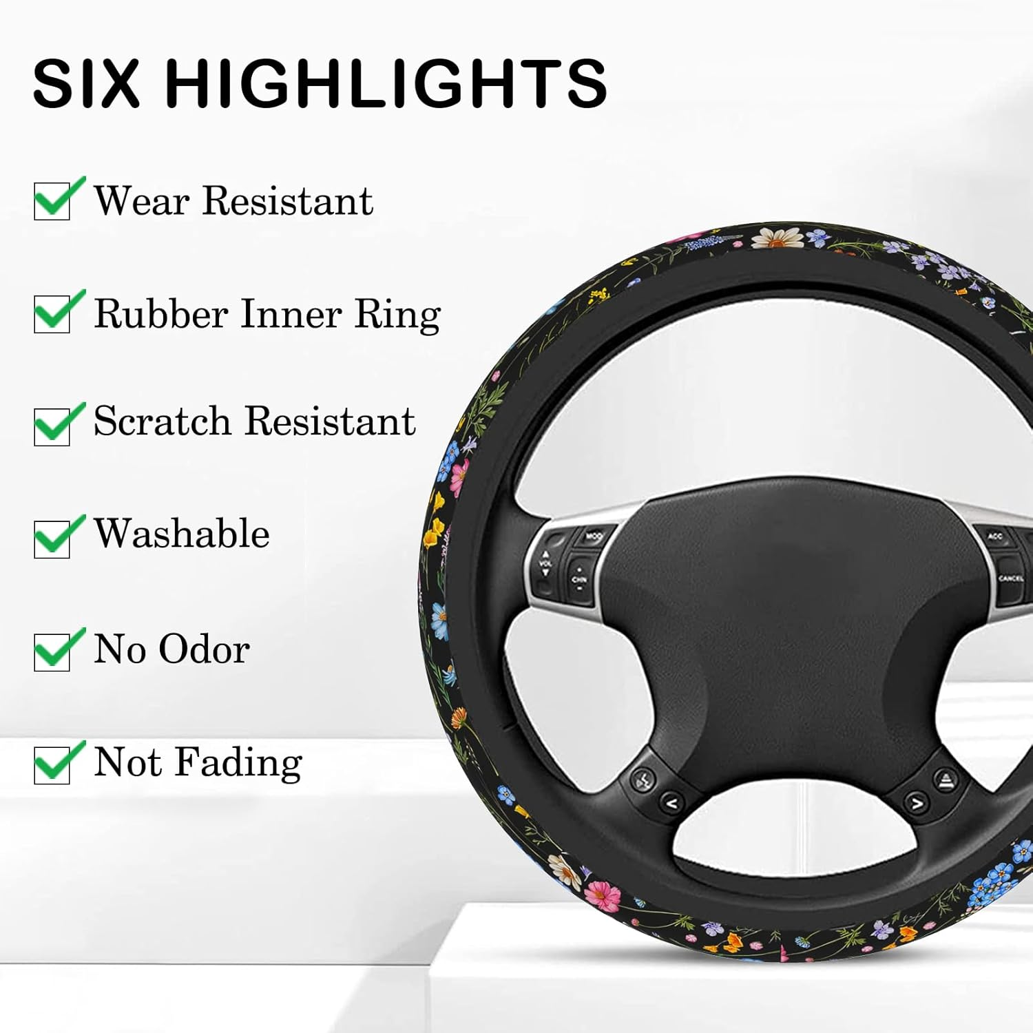 Wildflower Steering Wheel Cover for Women Men, Anti-Slip Breathable and Sweat Absorption Universal 14.5-15 Inch Cute Steering Wheel Protector, Wildflower Floral Car Accessories image number 4