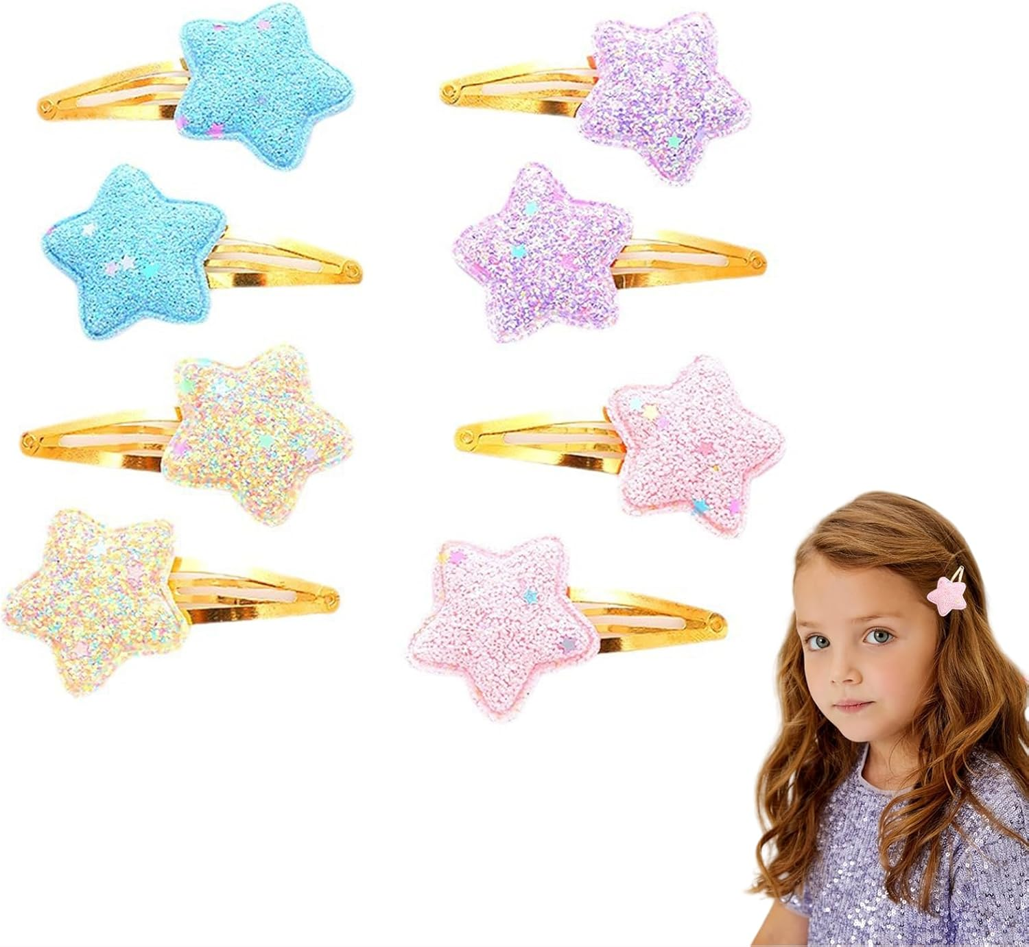 Lilbitty 4 Pairs Glitter Hair Clips for Girls - Cute Star Hair Clips for Kids, Colourful Glitter Hair Clips for Toddlers, Idea for Birthday Parties image number 2