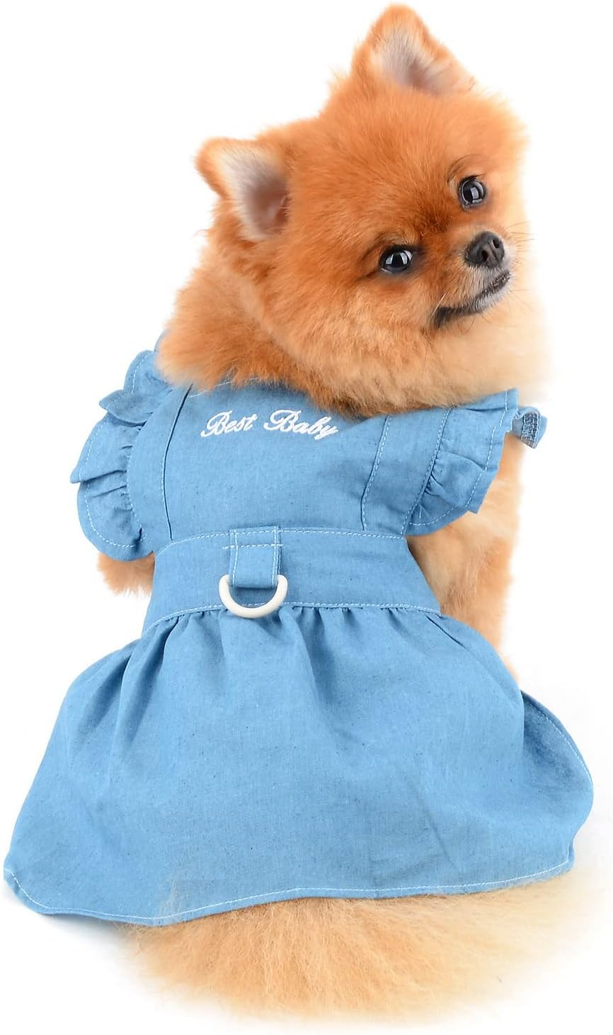 SMALLLEE_LUCKY_STORE Dog Denim Harness Dress, Ruffles Puppy Princess Dress for Small Medium Dog Cat Girls Adjustable Pet Jean Skirt with D-Ring Female Dog Clothes Summer Apparel,Light Blue,S