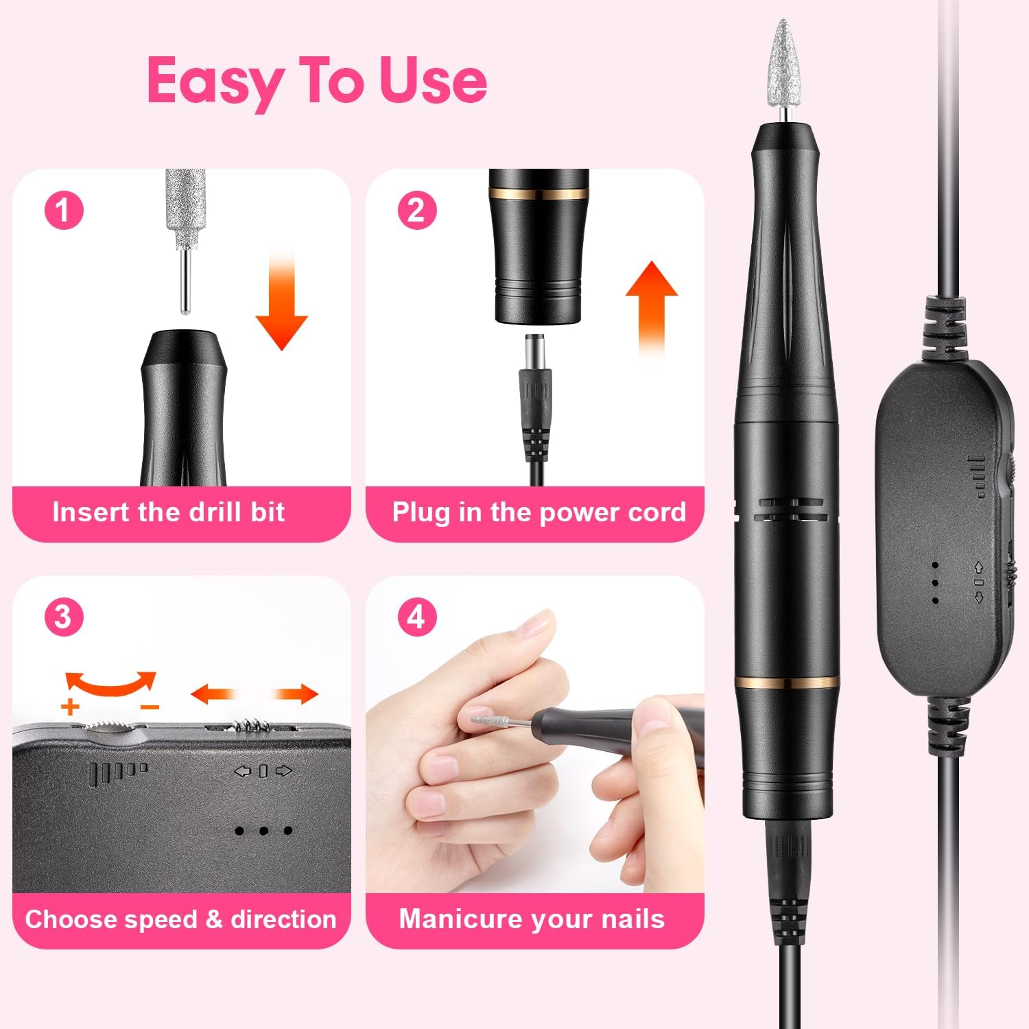 Nail Sander Electric Nail File 23000RPM Professional Nail Sander 11 in 1 Silent Portable Nail Sander Manicure Pedicure Kit for Beginners Salon image number 2