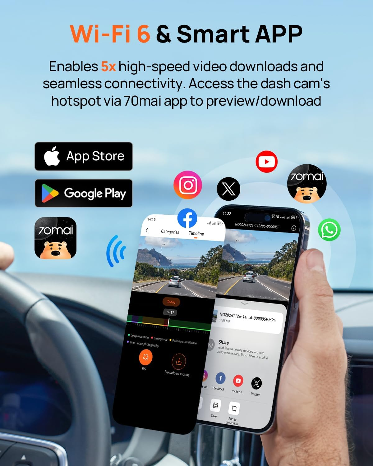 70Mai A800SE Dash Cam Car Front Rear 4K UHD+1080P with GPS Wifi, Dual Car Camera with 128GB SD Card, F1.55 Aperture HDR, Night Vision, ADAS, 3 "IPS, 24/7 Parking Monitoring, Supports 512 GB Max