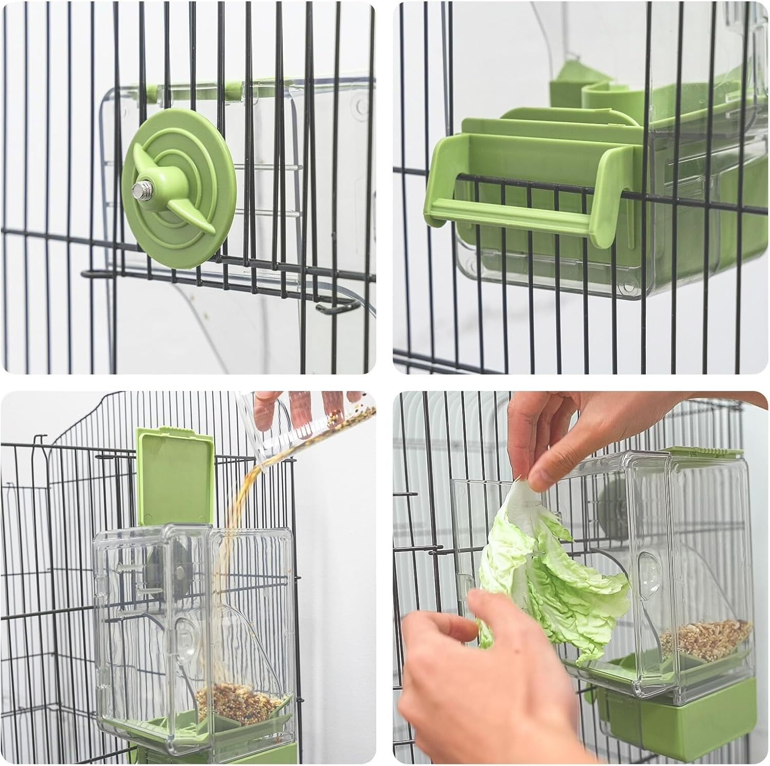 Automatic Bird Feeder, No Mess Bird Cage Feeder with Perch Multi-Functional Holder for Fruits Vegetables for Parakeet Canary Cockatiel Finch (Green) image number 4