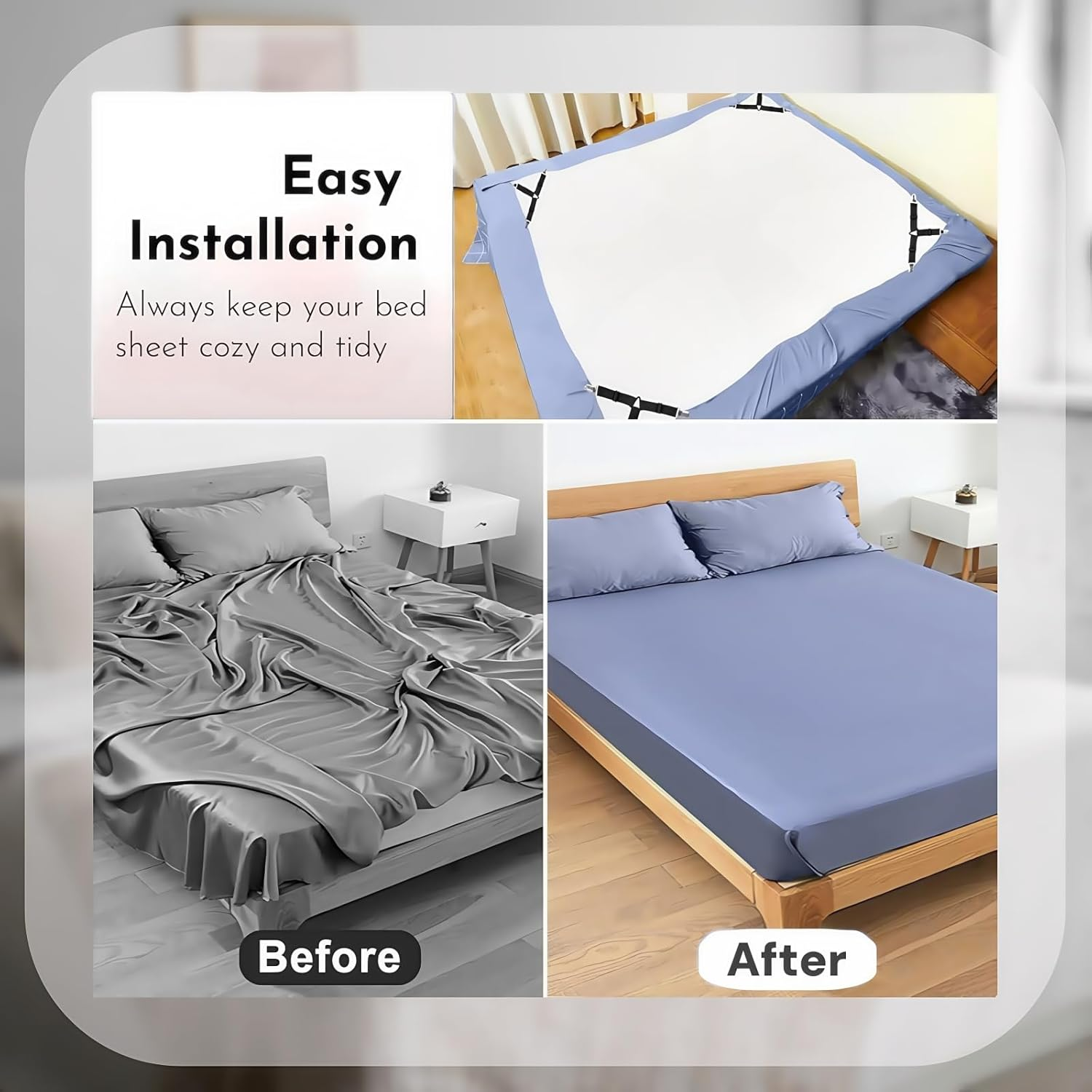 Bed Sheet Straps, Holder & Fasteners Set of 8- Keep Fitted Sheets Firm & Tight with Heavy-Duty Elastic Straps for Twin, Queen, King Size - Ideal Bedroom Accessories (Black & White) image number 4