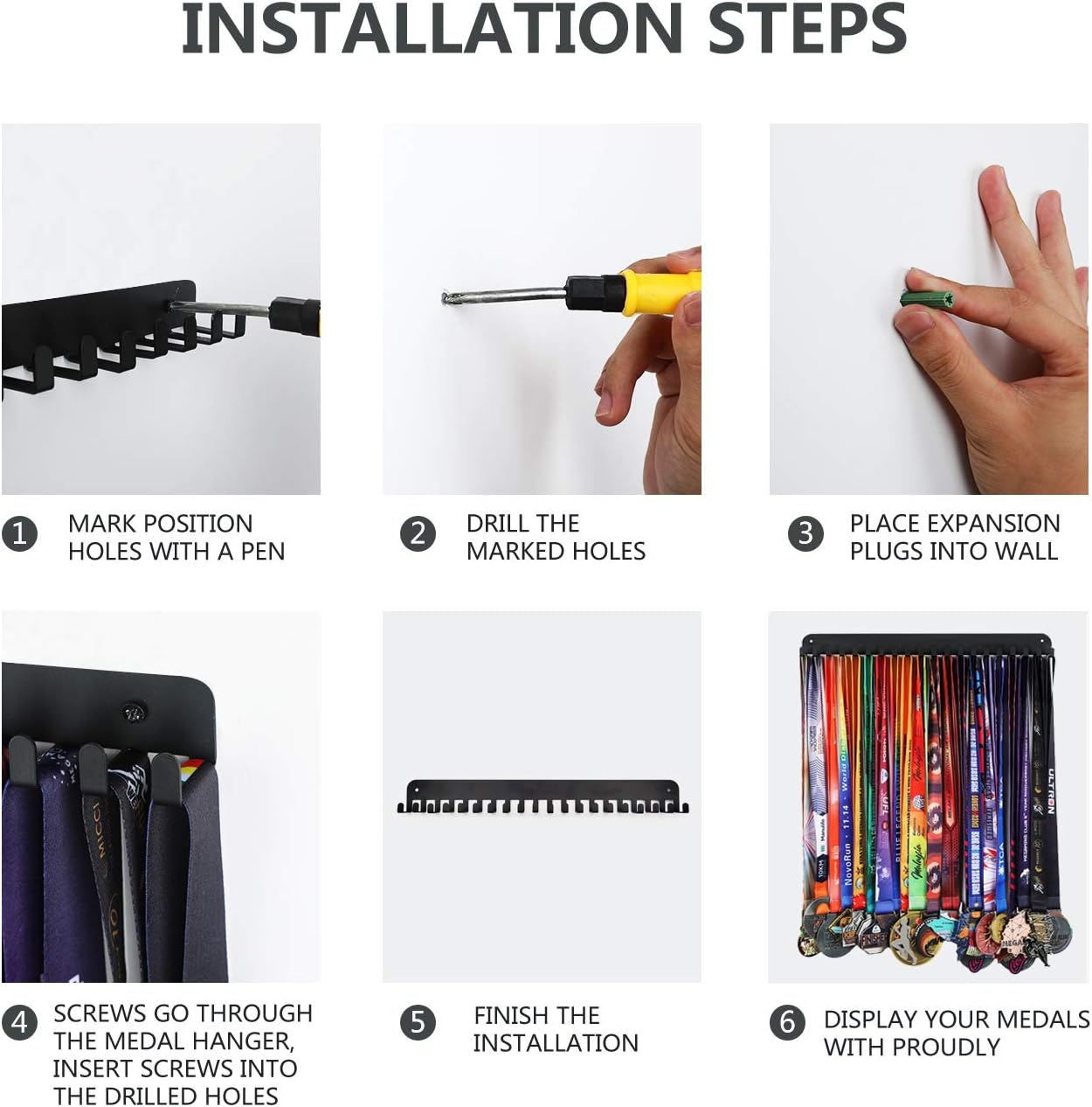 Goutoports Medal Holder, 2 Pack - Sturdy Black Metal Storage Hook for over 60 Medals - Wall Mount Hanger for Runners, Athletes, Gymnasts, Sports Enthusiasts