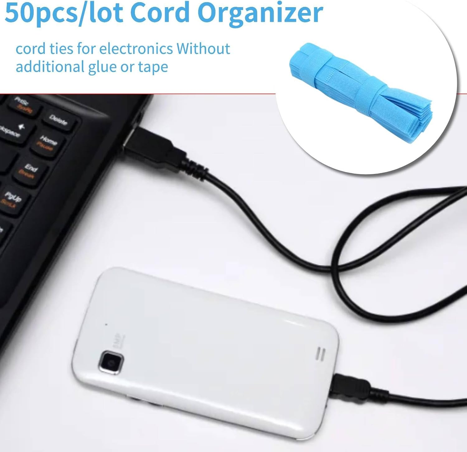 50PCS Reusable Fastening Cable Ties, Cord Organizer Ties Electrical Cord Organizer Cable Management Straps Wire Ties for Office Home Data Centers(Light Blue) - Black image number 3