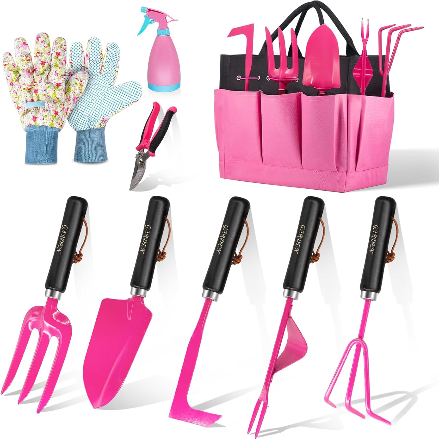 Monbel Set of 9 Heavy Duty Gardening Hand Tools (Pink) Heavy Duty Garden Supplies Kit Stainless Steel Heavy Duty Garden Tools Organizer Bag Durable image number 5