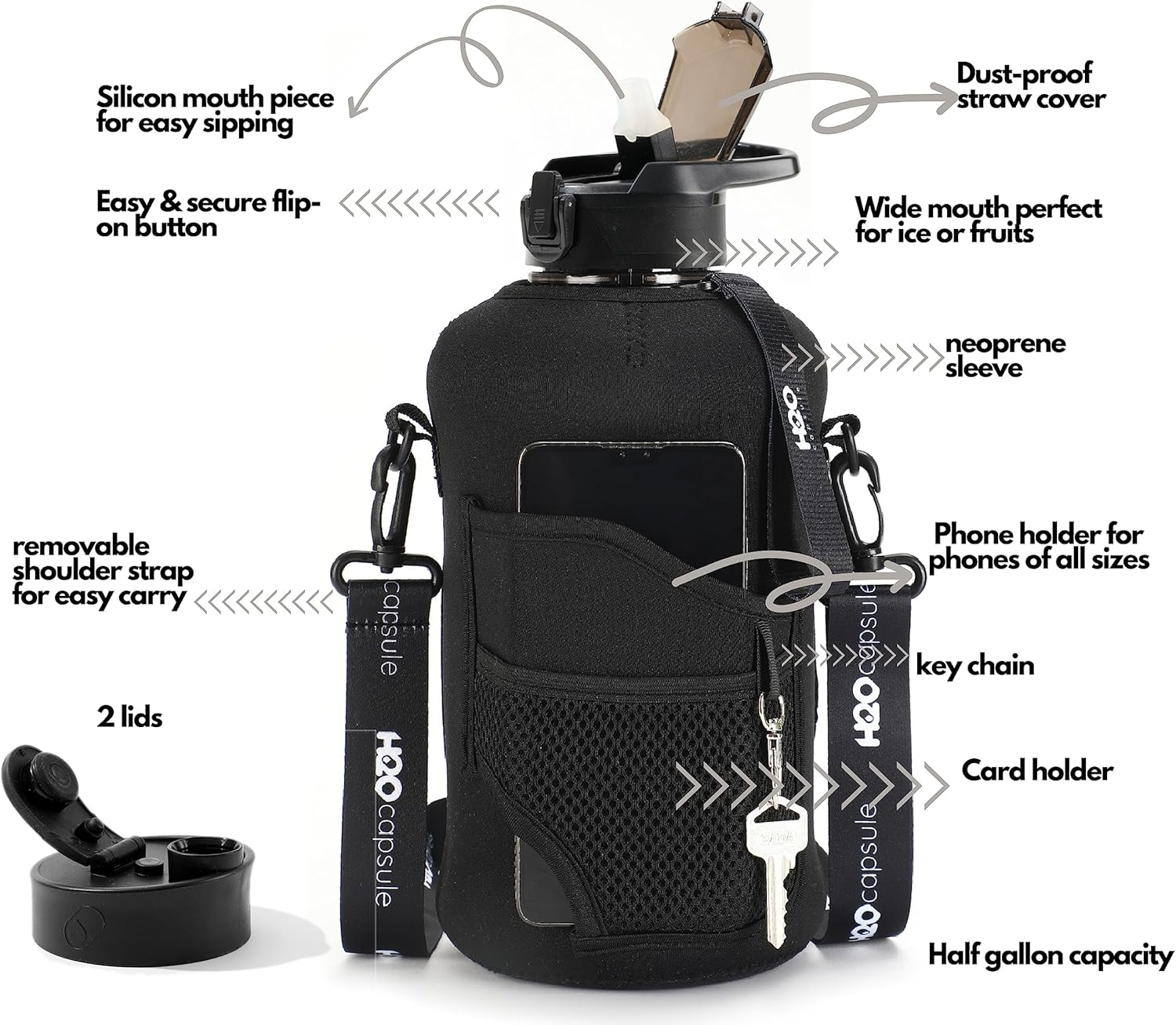 H2O Capsule 2.2L Half Gallon Water Bottle with Storage Sleeve and Removable Straw &ndash; BPA Free Large Reusable Drink Container with Handle - Big Sports Jug, 2.2 Liter (74 Ounce), Jet Black