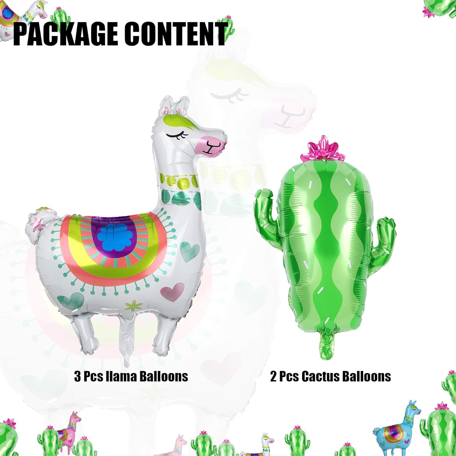 3 Pcs Llama Alpaca Foil Balloons and 2 Pcs Cactus Foil Balloons Mexican Fiesta Theme Party Decorations Birthday Baby Shower Decor Supplies image number 2