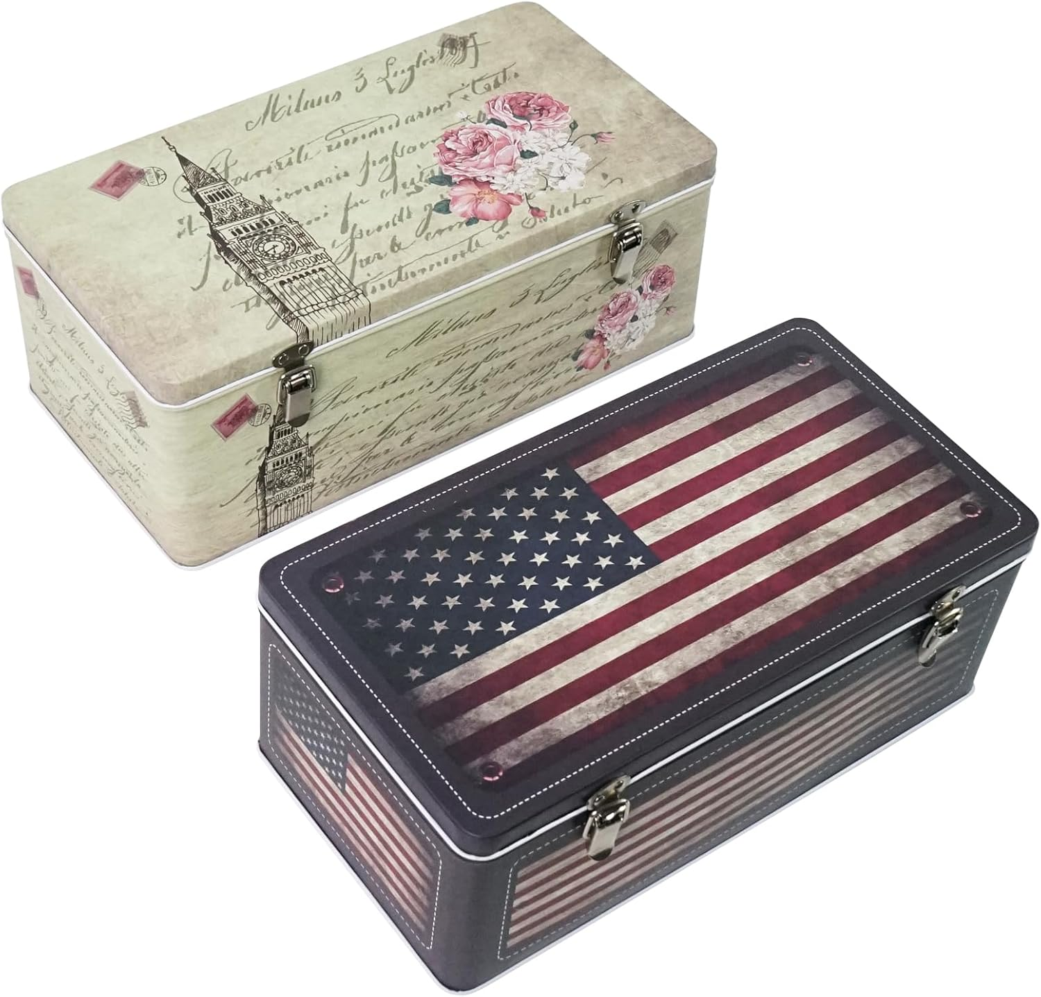 Dreamseden Tin Metal Keepsake Box Set of 2 - Small Storage Box with Lid 11.5&rsquo;&rsquo;L, Vintage Decorative Memory Case Gift Boxes for Keepsakes Letter Photos Seed Tea Coffee