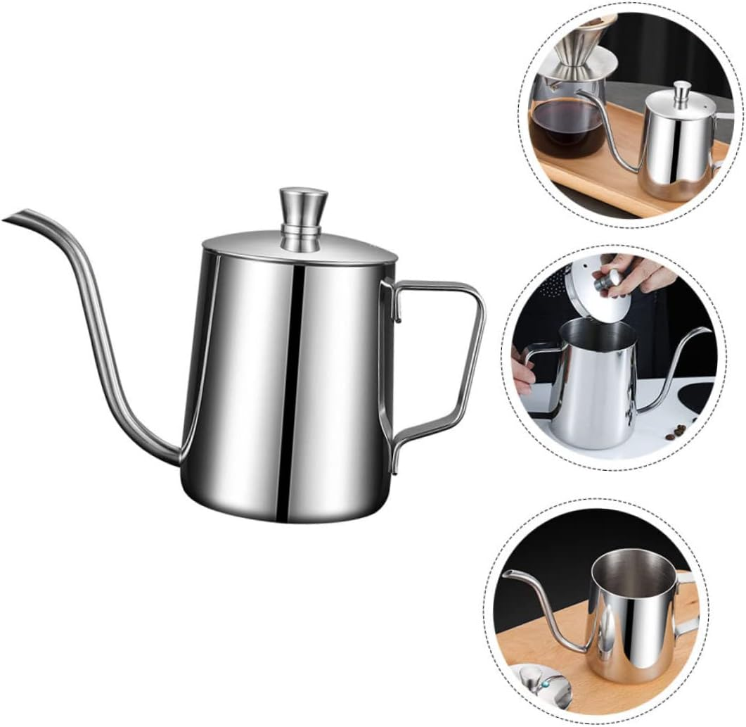 LABRIMP 304 Stainless Steel Coffee Pot with Lid Narrow Mouth Espresso Coffee Machine Mini Hand Pour-Over Bracket Universal for Home image number 2