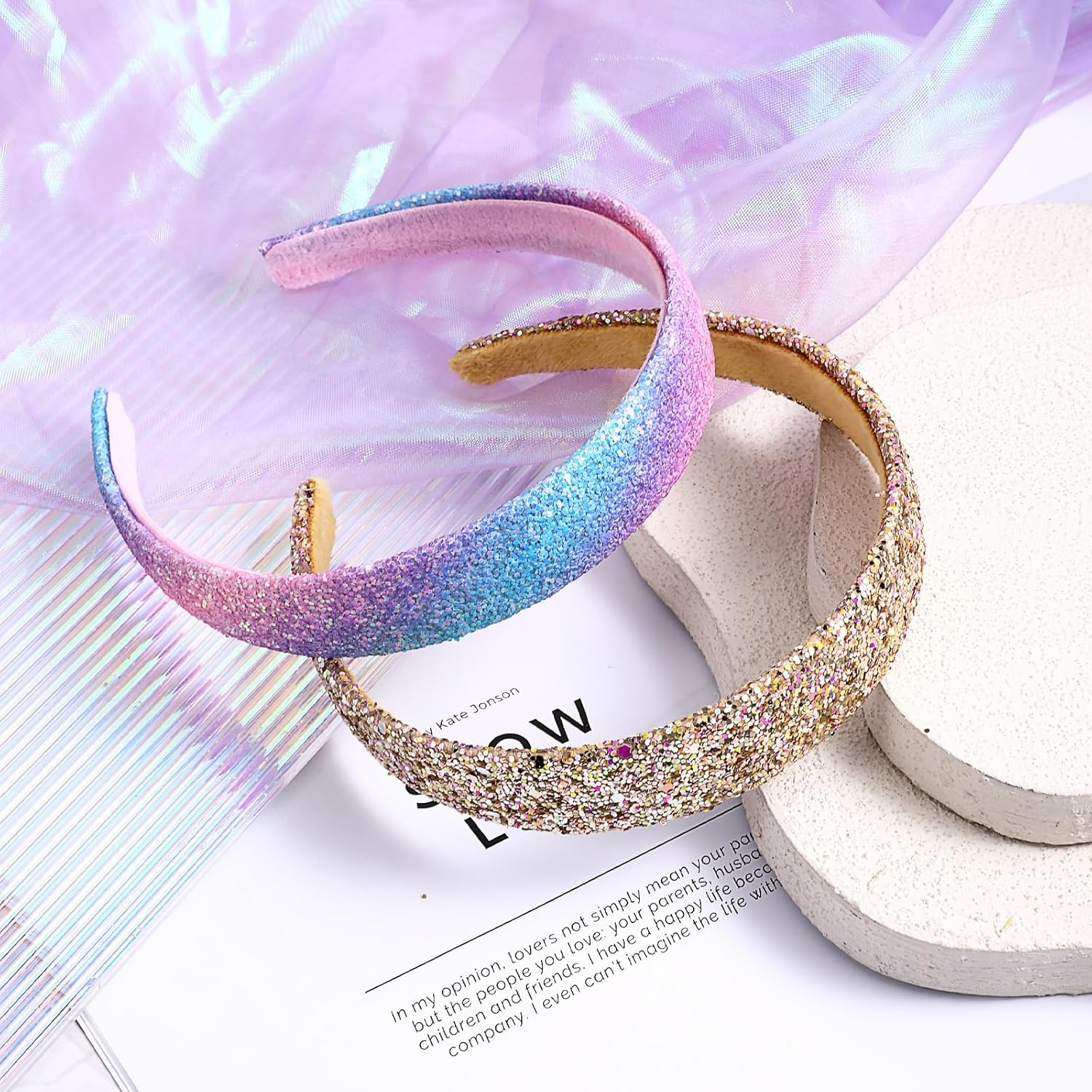 Rainbow Headbands 2 Pack Girls Sweet Hairband Glitter Rainbow Headband Cute Sparkly Bling Headbands Wide Thick Head Bands Hair Accessories Fashion Head Bands (2 Styles Tie Dye) image number 2