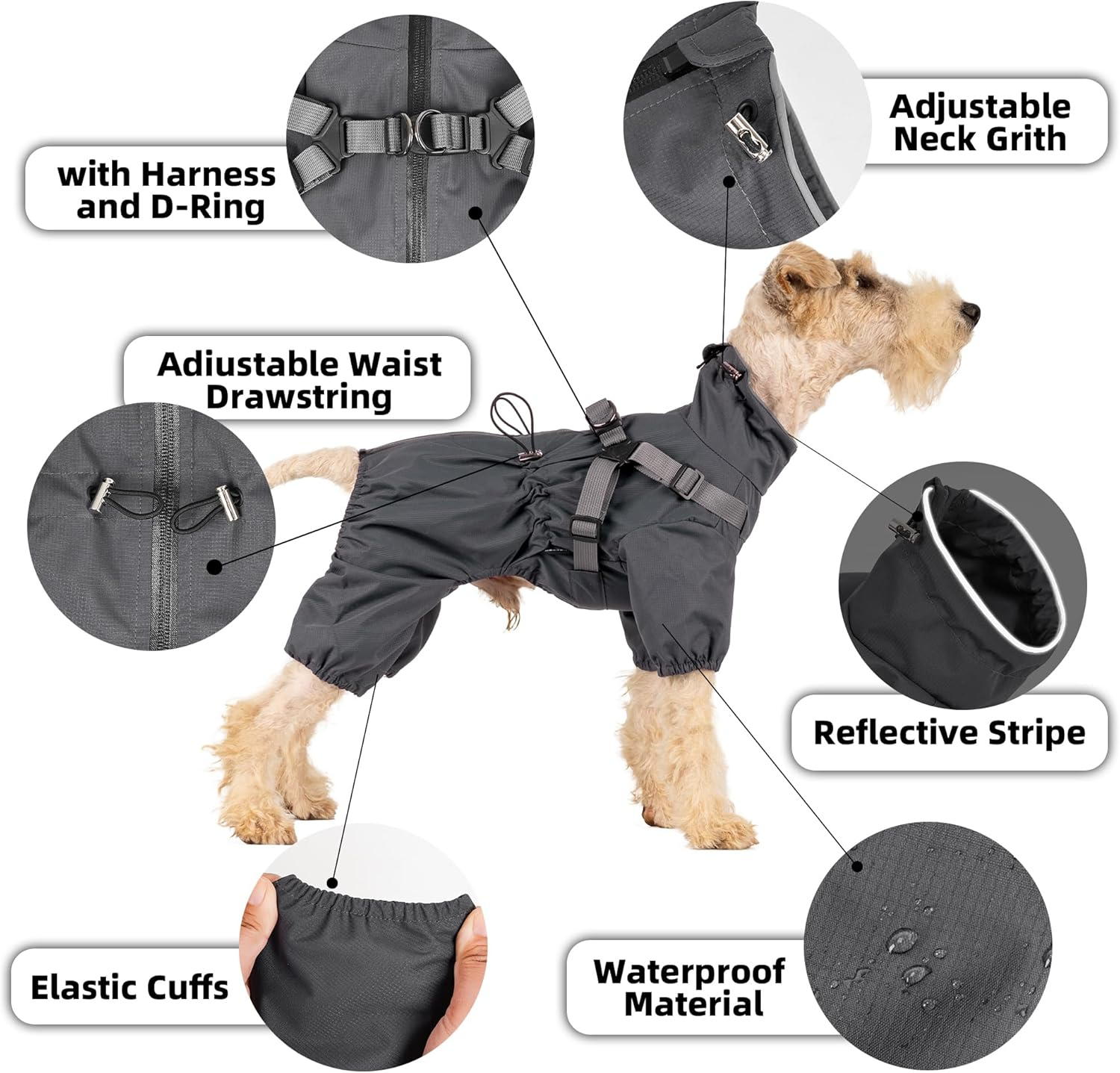 Mile High Life Waterproof Dog Raincoat, Full Coverage Small Dog Rain Coat with Harness, Adjustable 4 Legs Puppy Rain Jacket with Reflective Strip and Elastic Cuffs (Black, X-Small) image number 5