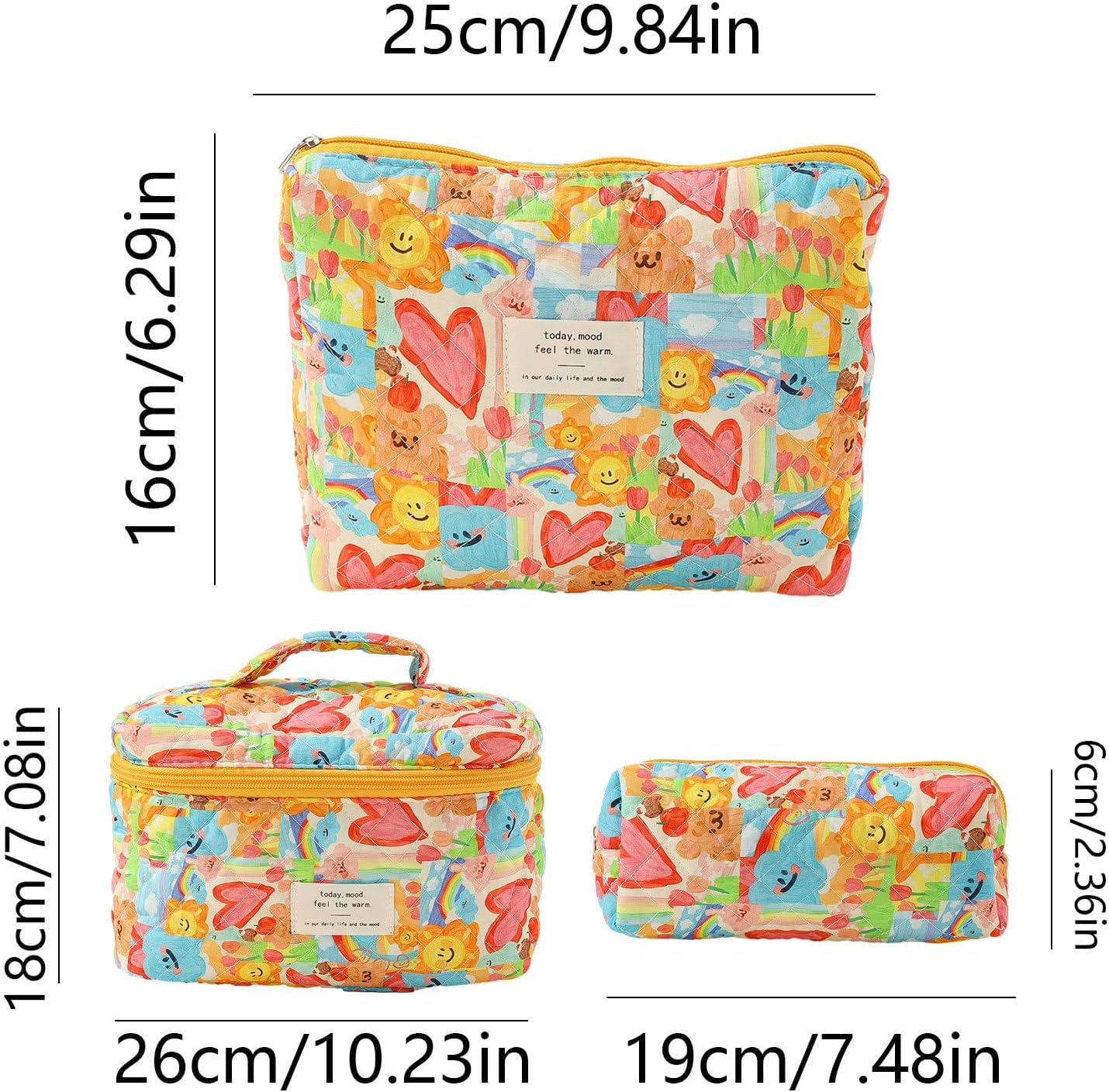 Flower Makeup Bag - 3 Quilted Cosmetic Pouches, Toiletry Tote, Travel Aesthetic Floral Pouch