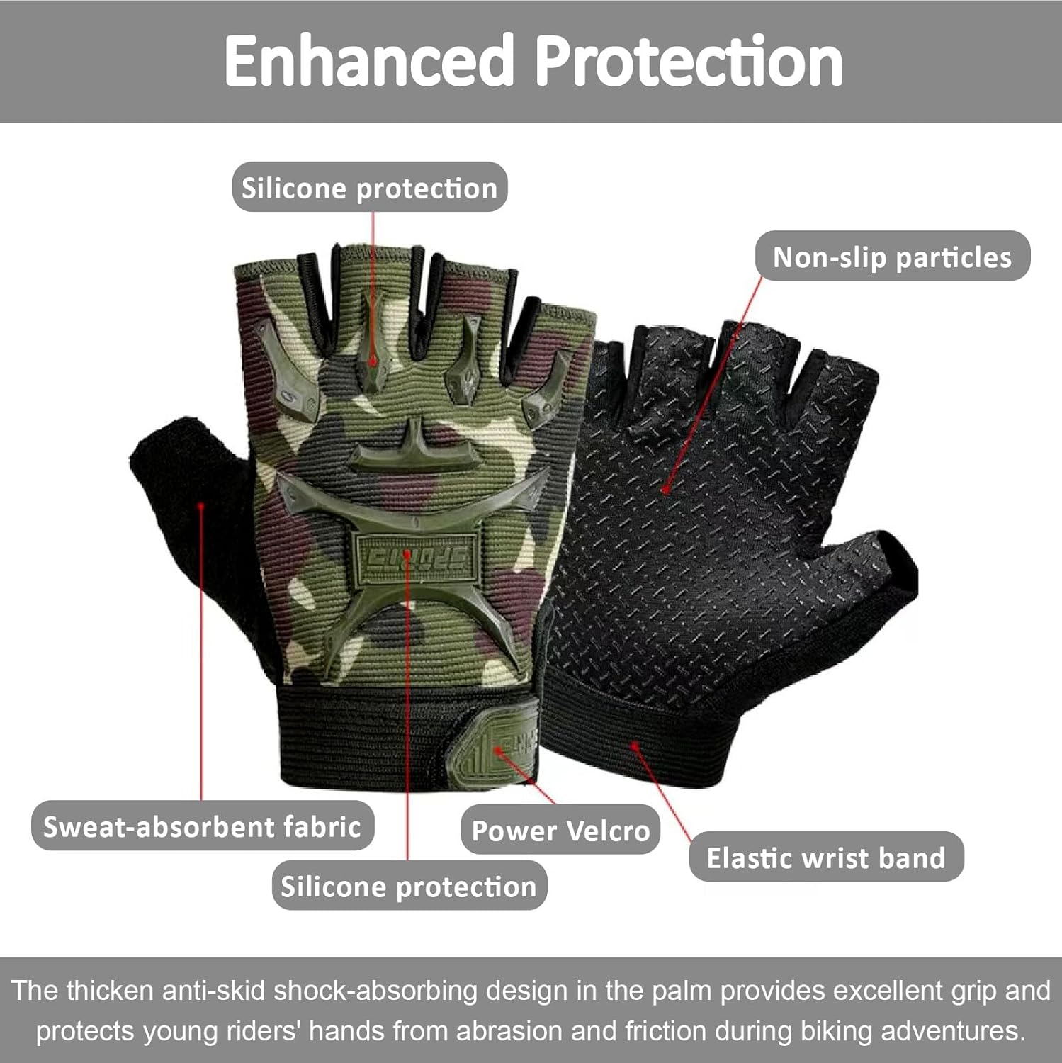 Kids Boys Girls Sport Bike Half Finger Cycling Gloves Mittens Breathable Non Slip Fingerless Riding Shockproof Sports Training Gloves UV Protection Outdoor Skateboard Gloves for 5-9Y image number 1