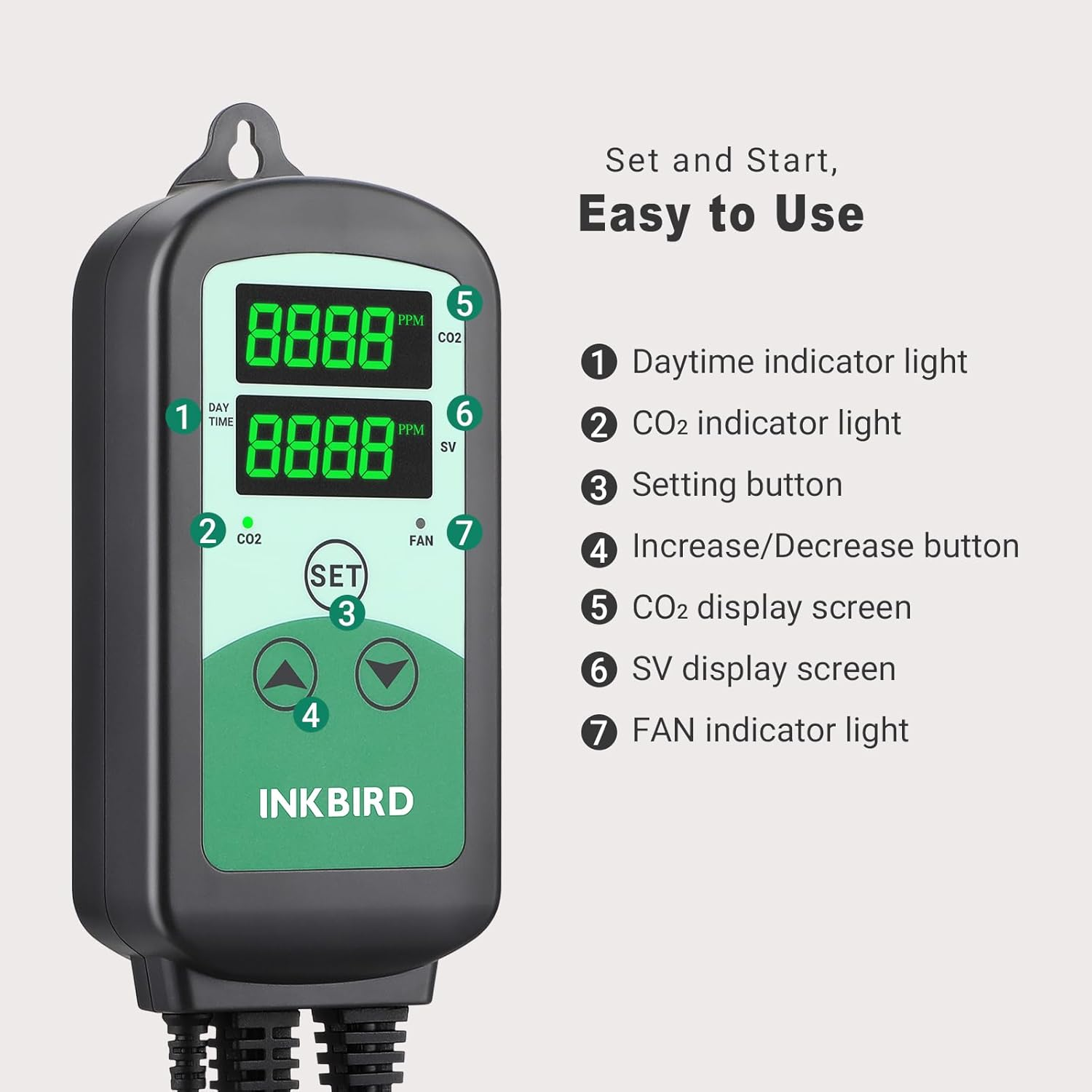 INKBIRD CO2 Controller ICC-510, Smart Carbon Dioxide Controller with 2 Outlets for CO2 Generator and Ventilation Fan, High and Low CO2 Alarms, Day and Night Control image number 5