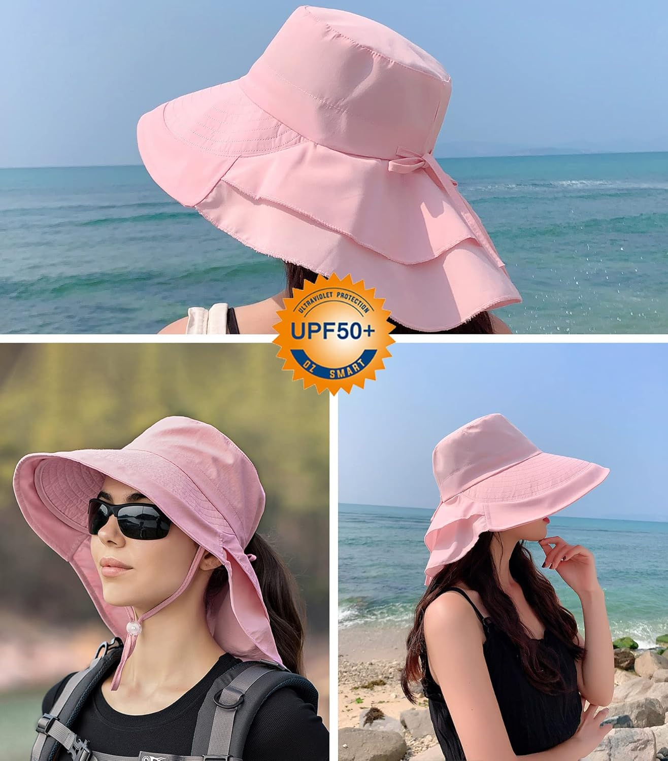 Legionnaires Women Sun with Ponytail Hole, Wide Brim UPF 50 UV Protection Summer Beach Hat with Neck Flap, Bucket Hat for Fishing, Hiking, Camping, Garden, Farming, Outdoor Exercise (Pink) image number 3