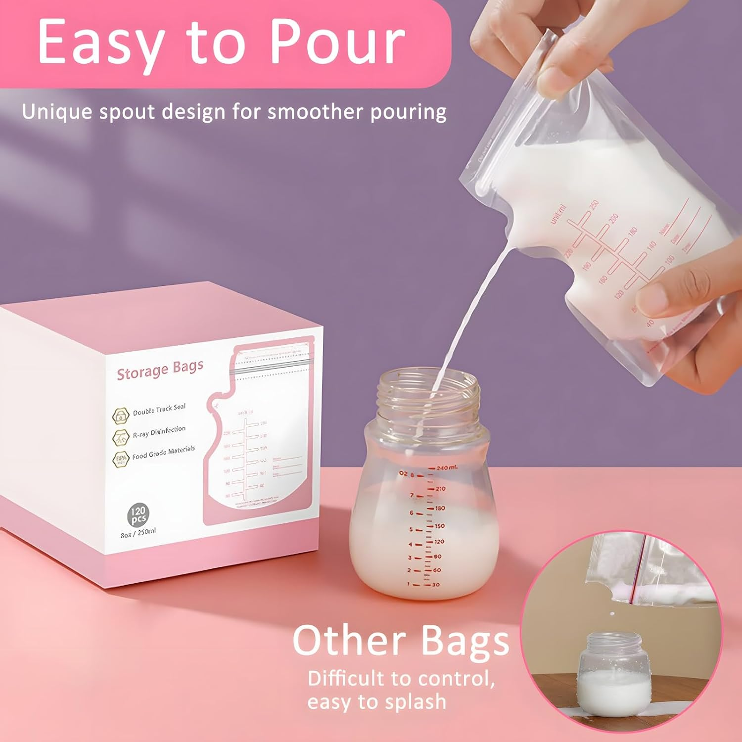 Breast Milk Storage Bags, 120 Pack Disposable Leakproof Breastmilk Storage Bags, 250Ml Capacity, Double Track Seal, Pre-Sterilised, BPA Free image number 4