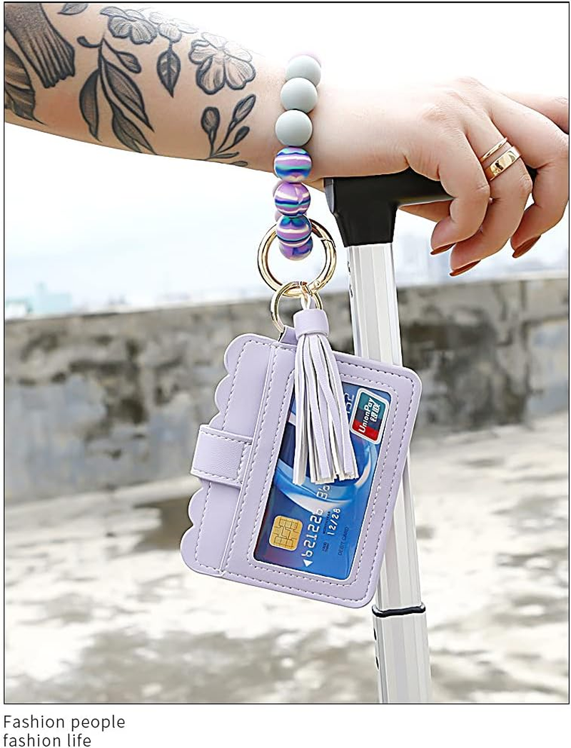 Silicone Beaded Bracelet Leather Keychain Wallet ID Card Holder Keyring Wristlet Bracelet Key Ring Chain Tassel Purse Women Girls Light Purple image number 1