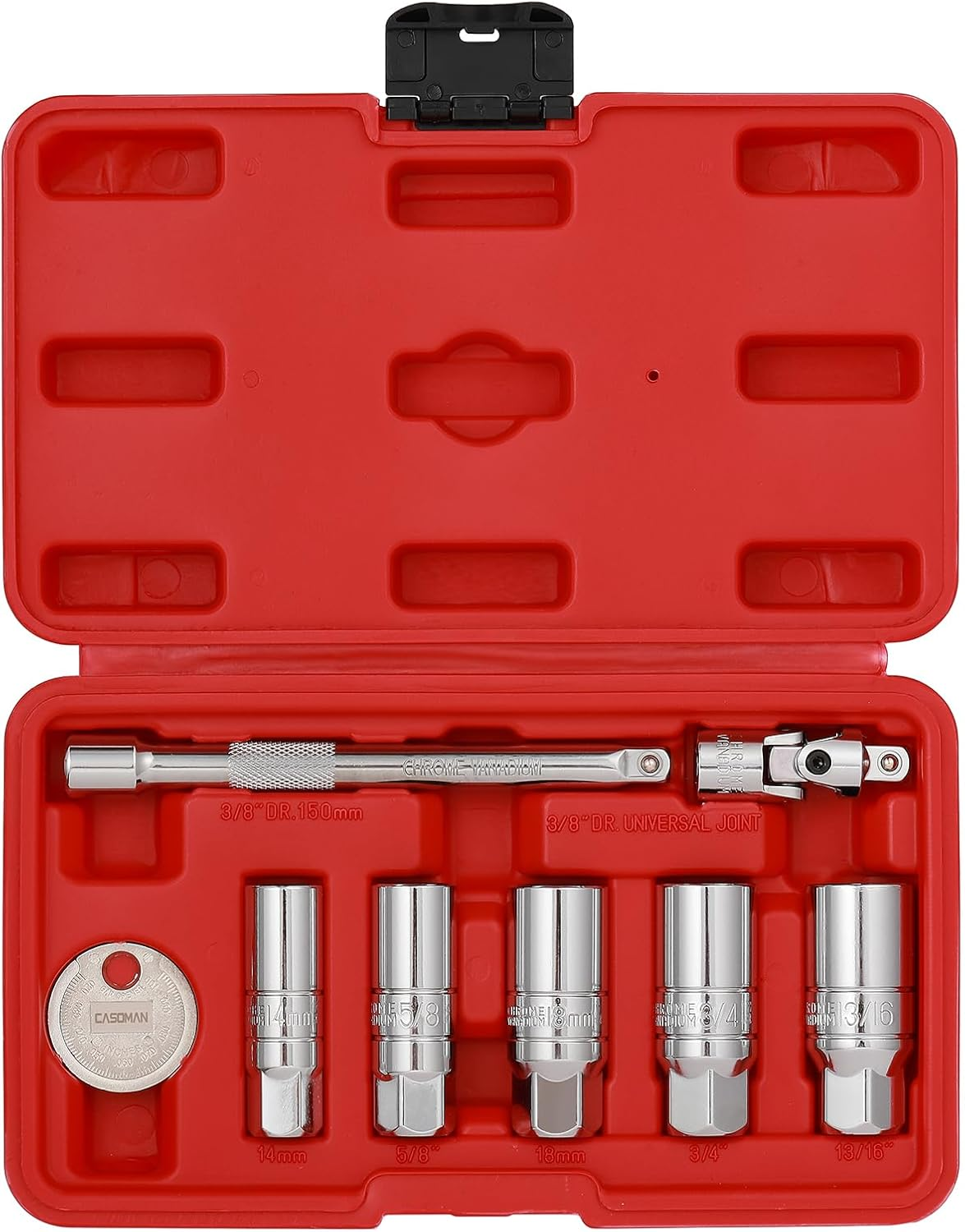 3/8-Inch Drive Spark Plug Socket Set, 6-Point, Include Extension Bar, Universal Joint & Spark Plug Gapper, 8Piece Set, CR-V Steel image number 3