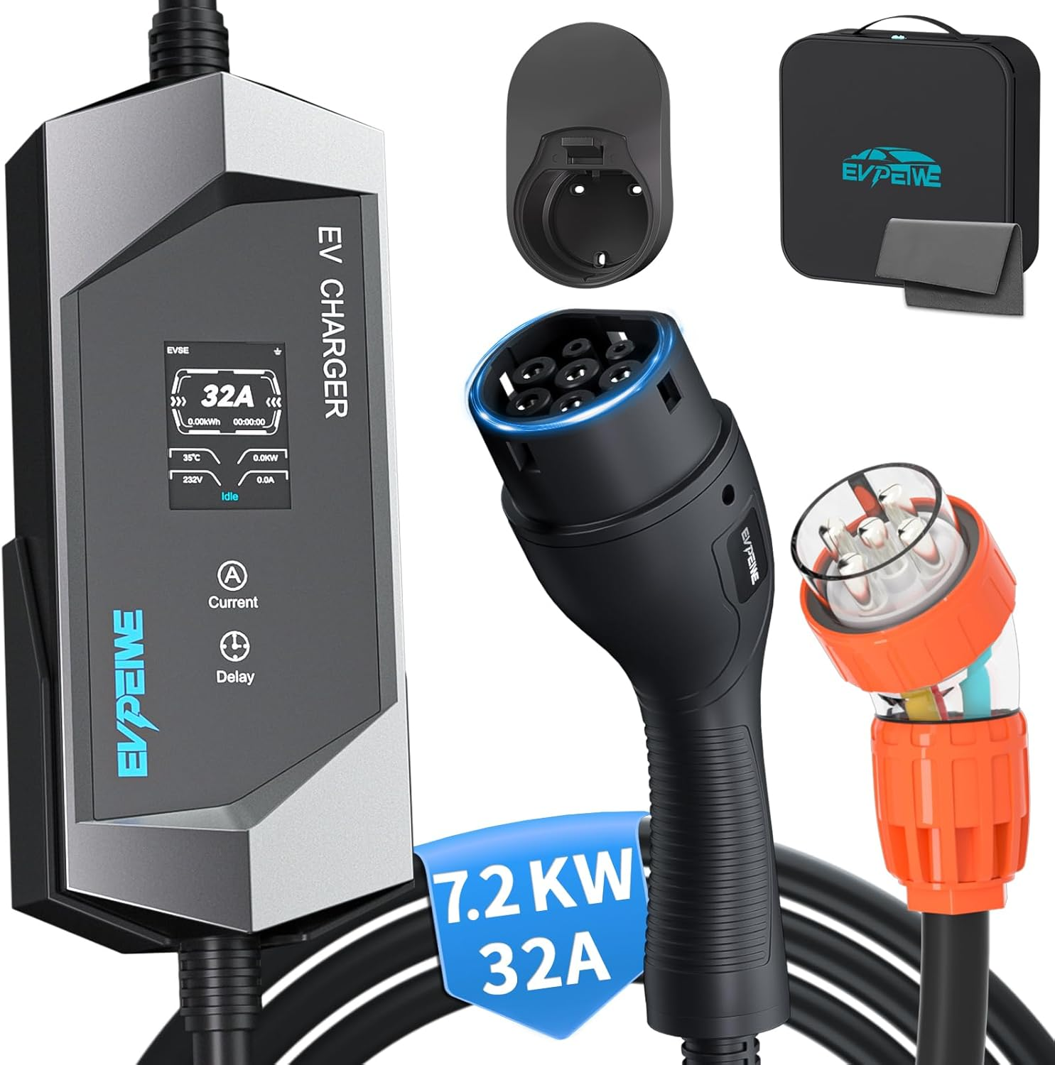 EVPEIWE Type 2 EV Charger 32A 7KW Portable Type 2 EV Charging Cable 5 Pin Single Phase EV Home Charger 6A-32A Adjustable Current Type 2 EV Charger for IEC 62196-2 Evs Model 3/Y BYD Atto3 MG, IP65