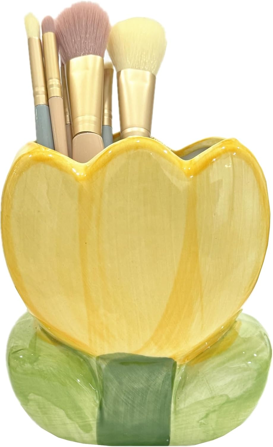 TANG SONG Ceramic Tulip Make up Brush Holder Flower Cosmetic Storage Box Pen and Pencil Holder Desktop Organizers (Yellow) image number 4