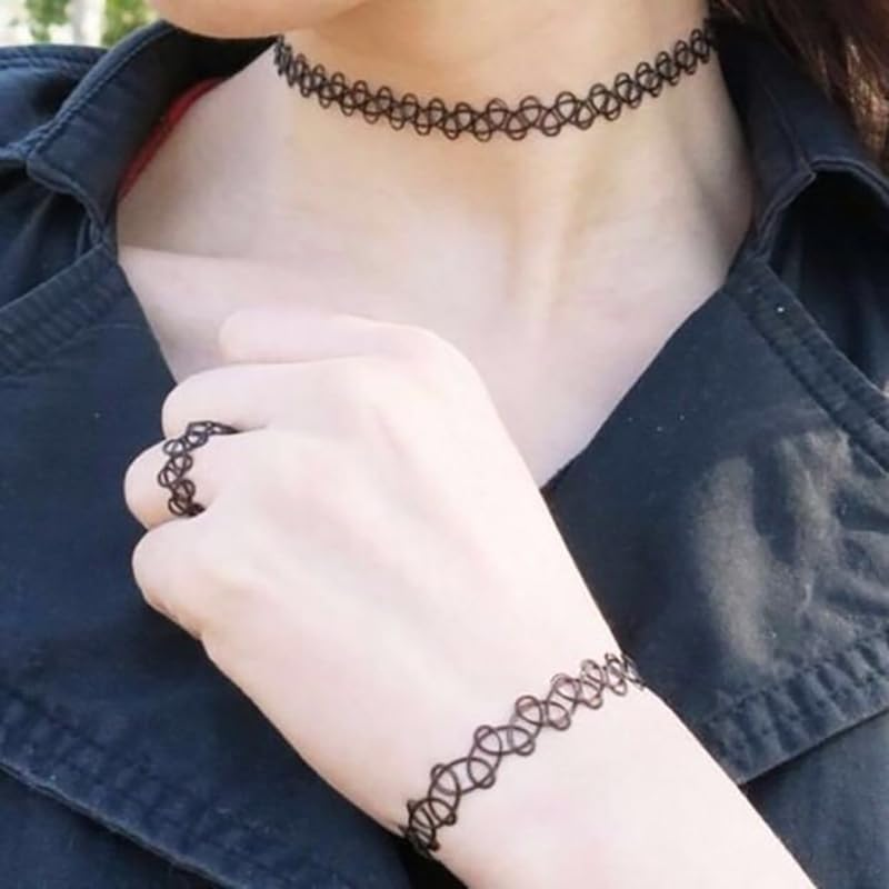 Weforu 3Pc Assorted Tattoo Choker Necklace Set - 90S Accessories Old School Jewelry Gothick Black Stretchy Collar Bracelet & Ring Set, One Size for Women Teen Girl Party Accessories image number 4