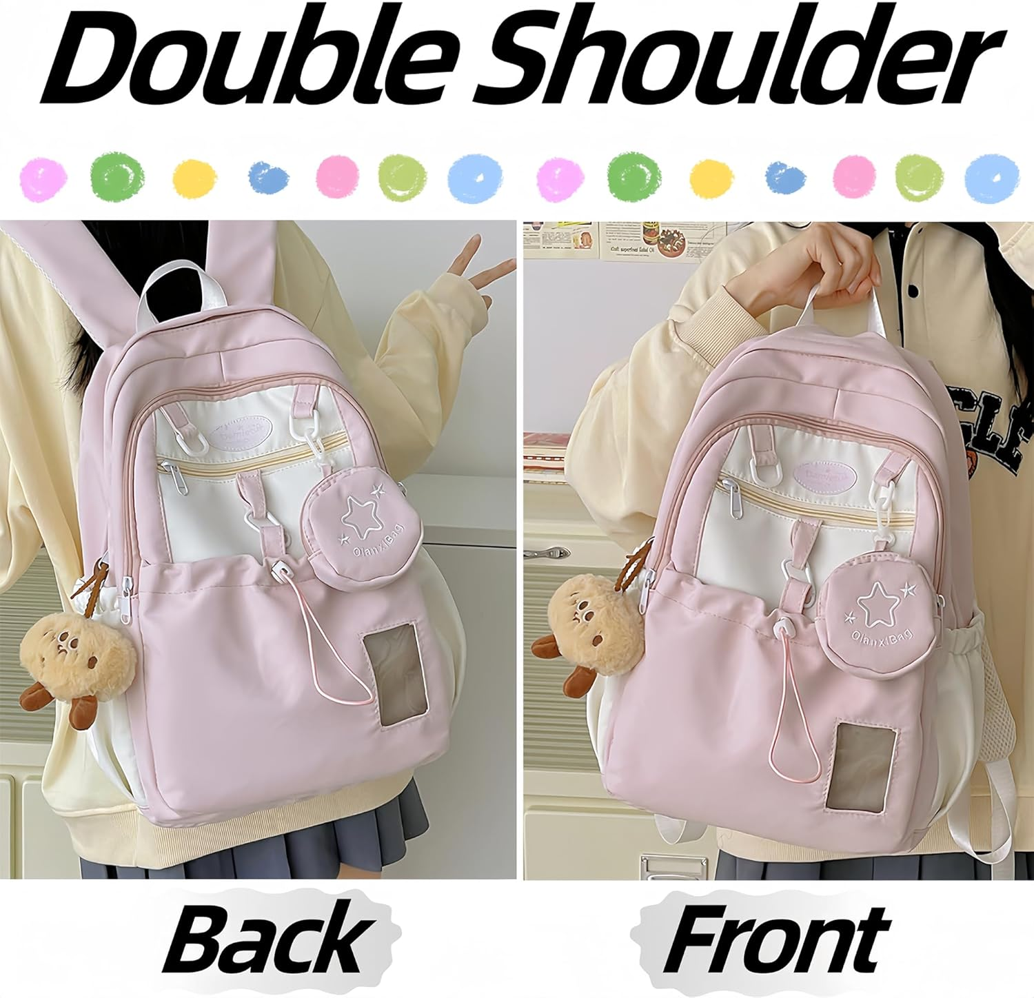 UINSUE Kawaii Backpack Double Shoulder Bag with Cute Star Removable Pouch Clear Pocket Large Capacity Dopamine Colors Daypack