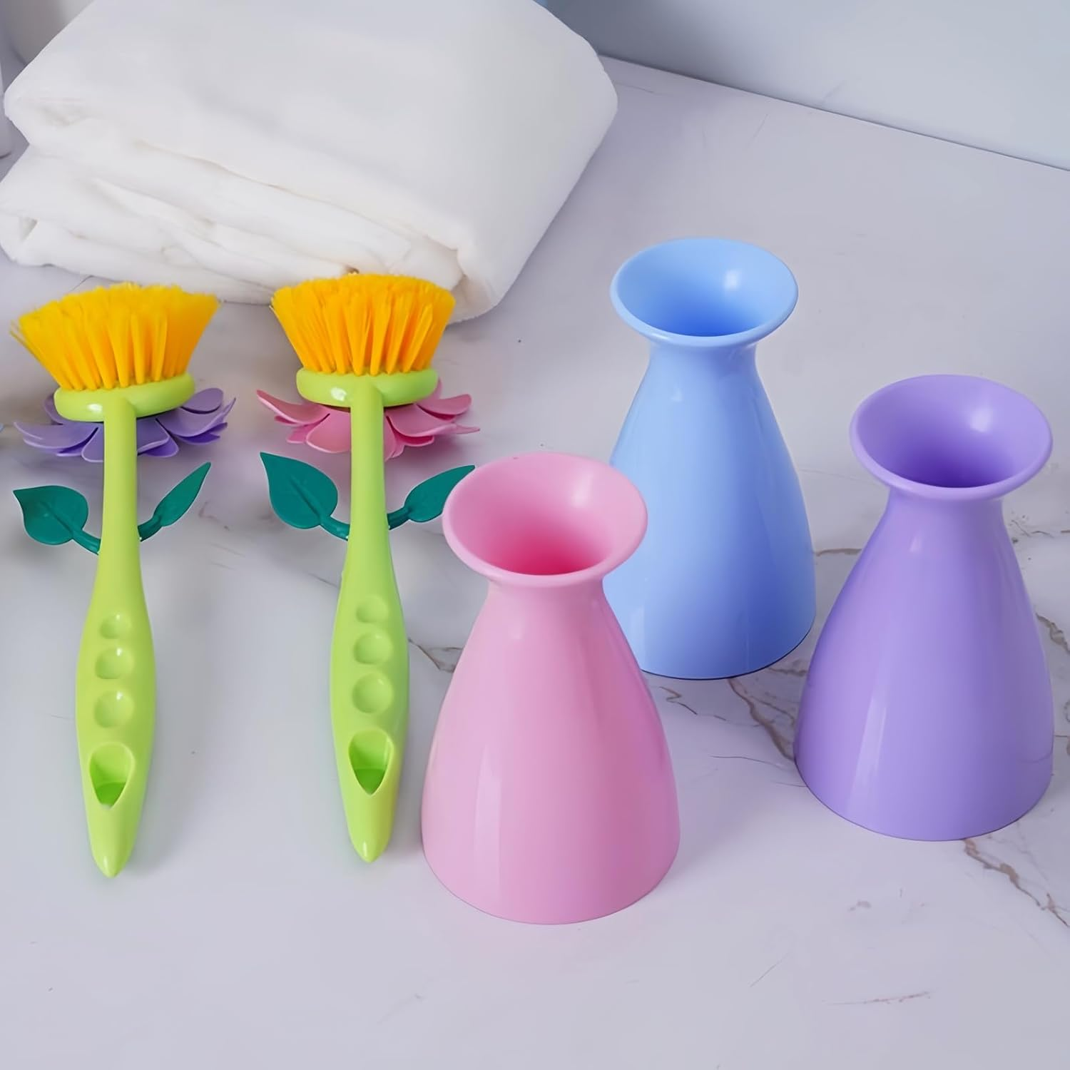 JANKOW Long Handle Flower Pot Brush, Florganic Dish Brush with Vase, Long Handle Dish Brush Kitchen, for Cleaning Pot Pan Sink Kitchen Supplies Decorative Vase (2 Pcs) (Purple/Pink) - Blue/Pink image number 3