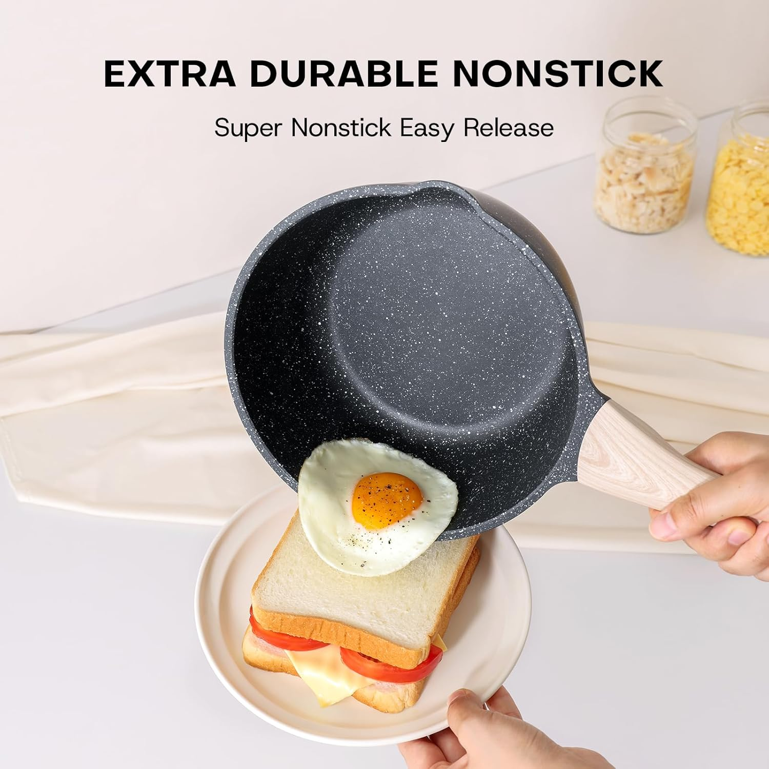 Kordisen Sauce Pan Set with Lid, 1.5Qt & 2.5 Qt Nonstick Cooking Pots with Pour Spout, Easy to Clean, Small Kitchen Induction Saucepan with Granite Coating, PFOA/PFOS Free (Black) image number 2