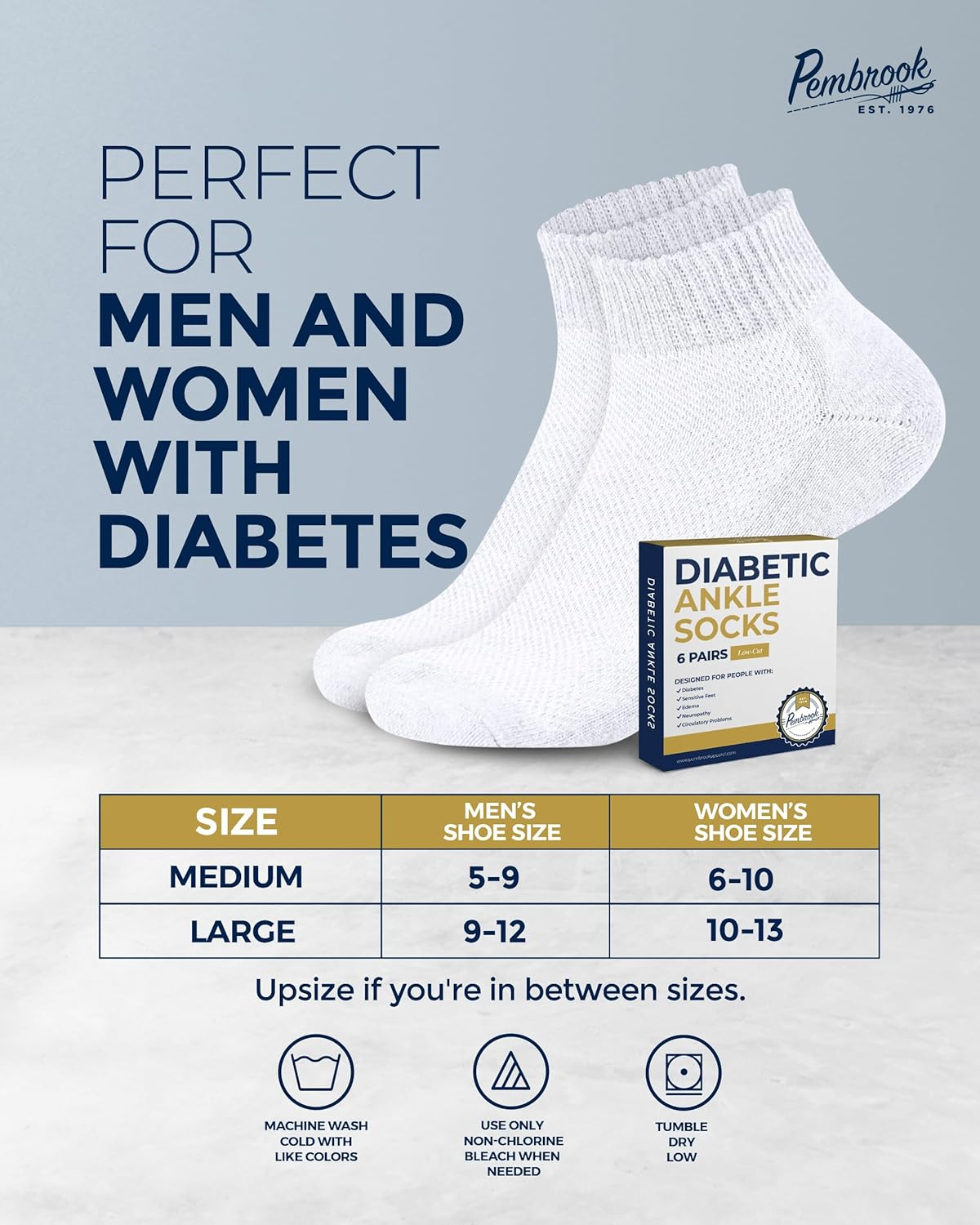 Pembrook Diabetic Ankle Socks - 6 Pairs Low Cut Seamless Diabetic Socks Women & Men, Blue, Ankle Length, Small/Medium-Large/X-Large, 6 Count image number 2